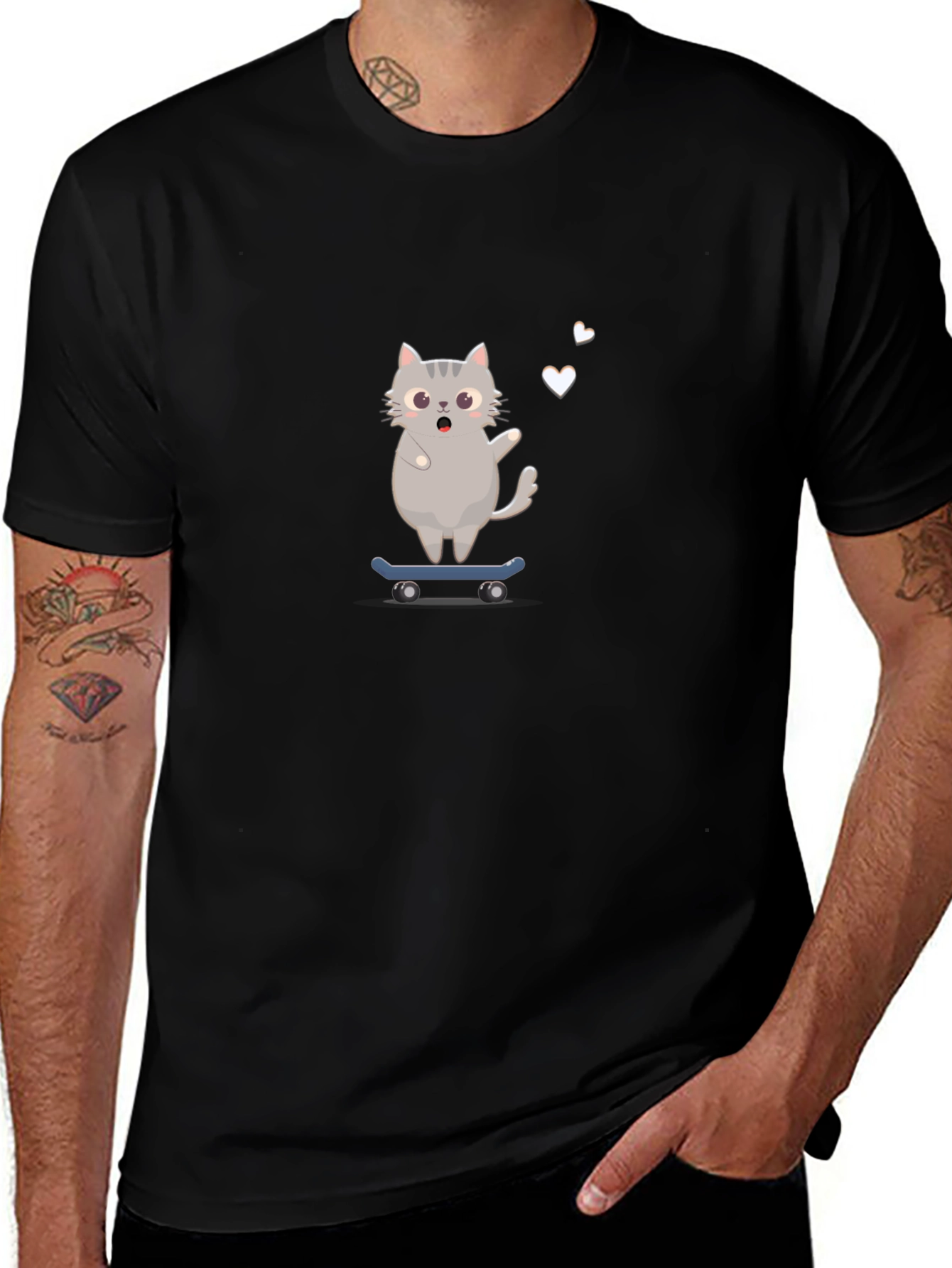 Skateboarding Cat Graphic Tee - Black T-Shirt