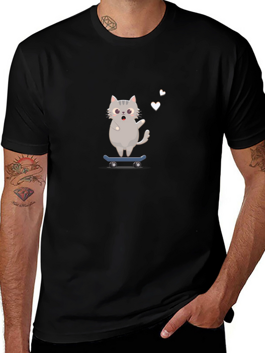 Skateboarding Cat Graphic Tee - Black T-Shirt