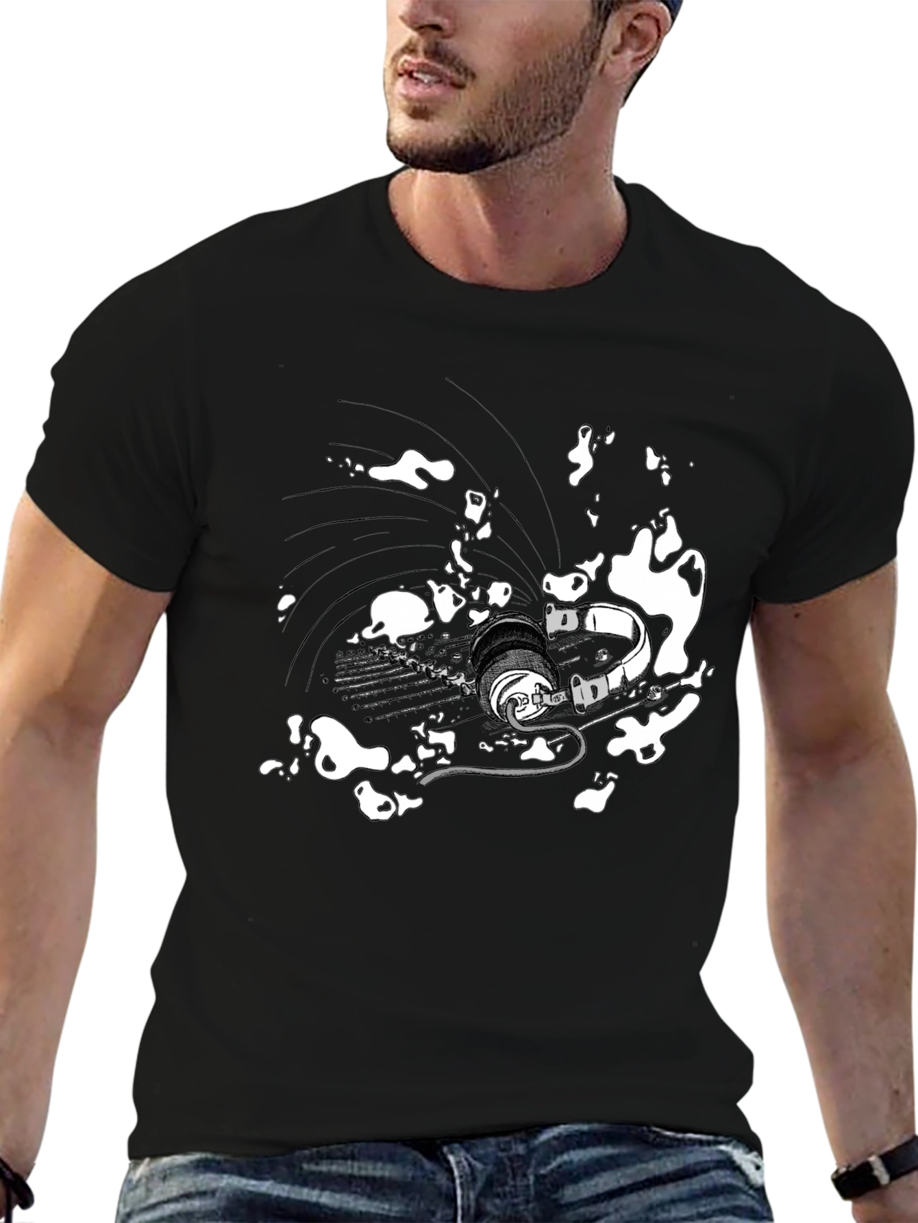 Abstract Headphones Graphic Tee - Black Cotton Blend