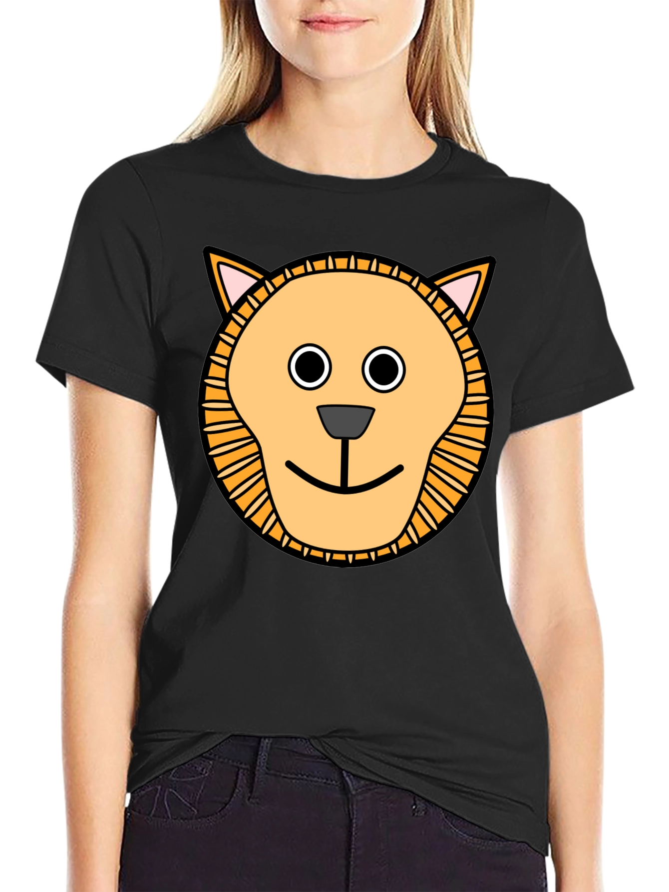 Cute Cartoon Lion Graphic T-Shirt - Black