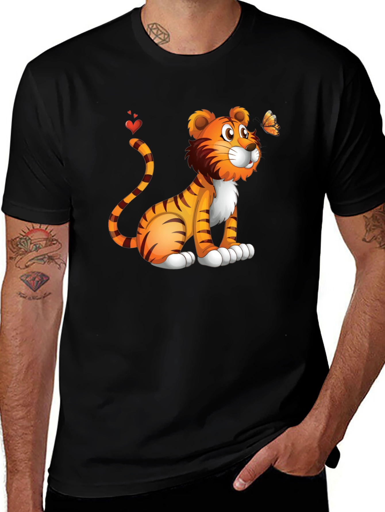 Tiger & Butterfly Graphic Tee - Black Cotton Blend