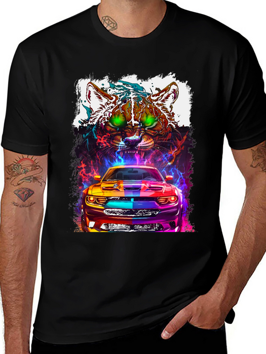 Car and Cat Graphic Tee - Cool Design