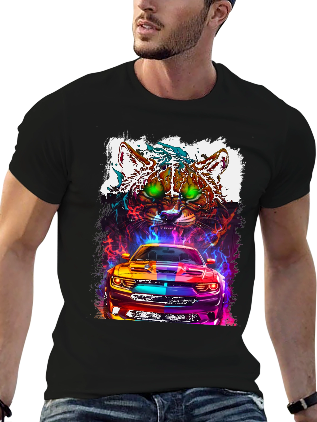 Car and Cat Graphic Tee - Cool Design