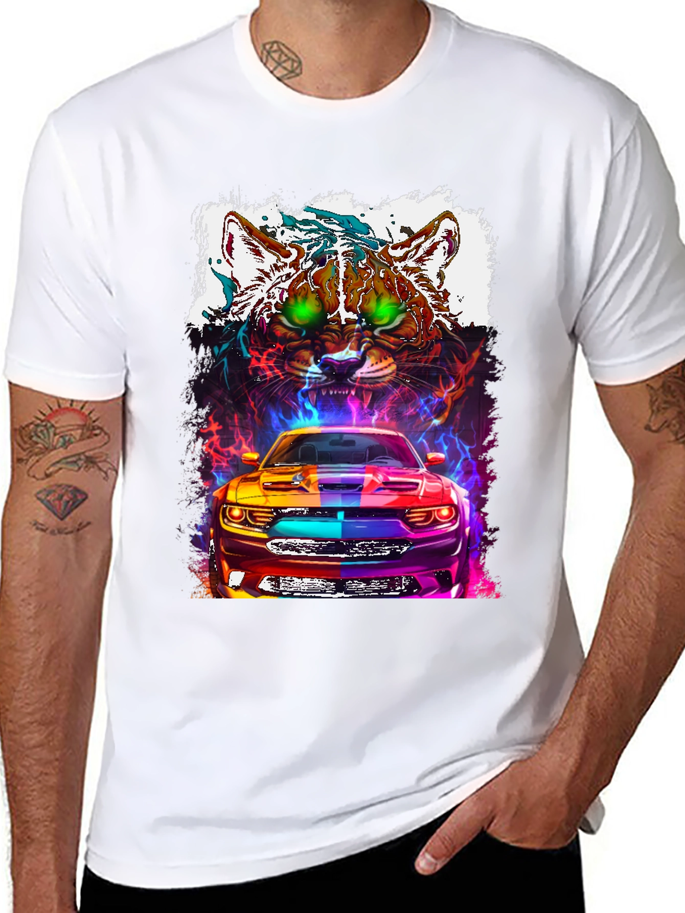 Car and Cat Graphic Tee - Cool Design
