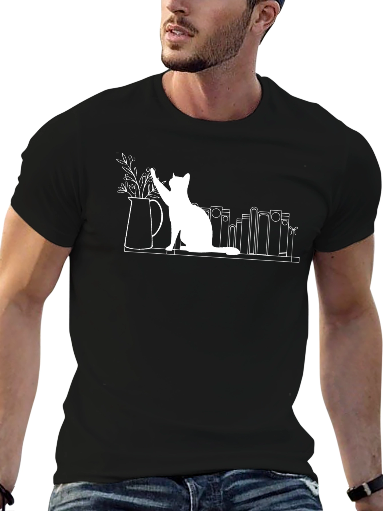 Quirky Cat & Books T-Shirt - Unique Graphic Tee