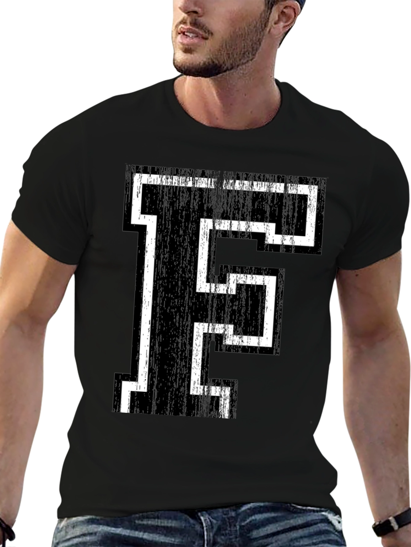 Letter F Graphic T-Shirt - Black Cotton Tee