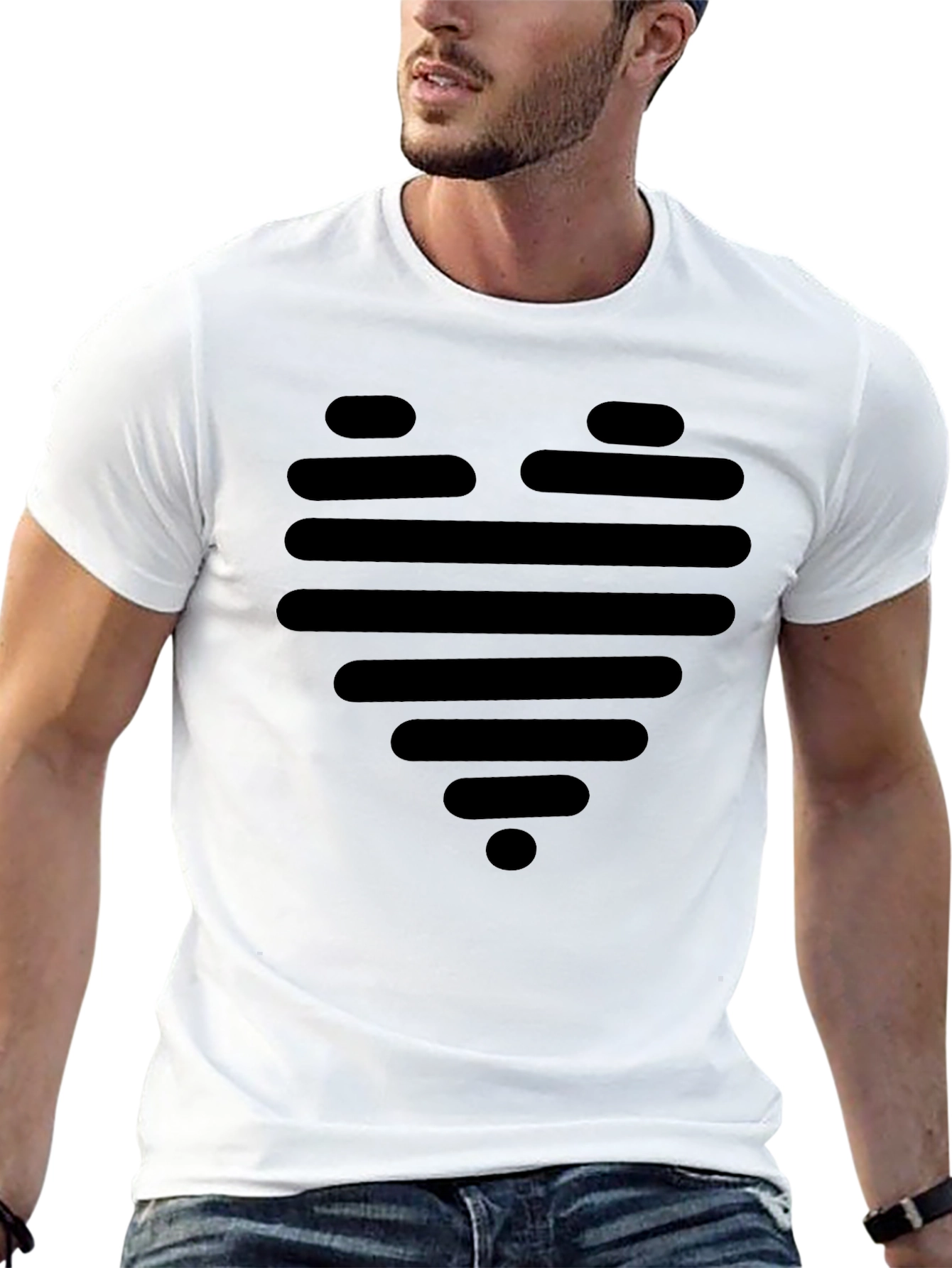 Modern Striped Heart Graphic Black T-Shirt