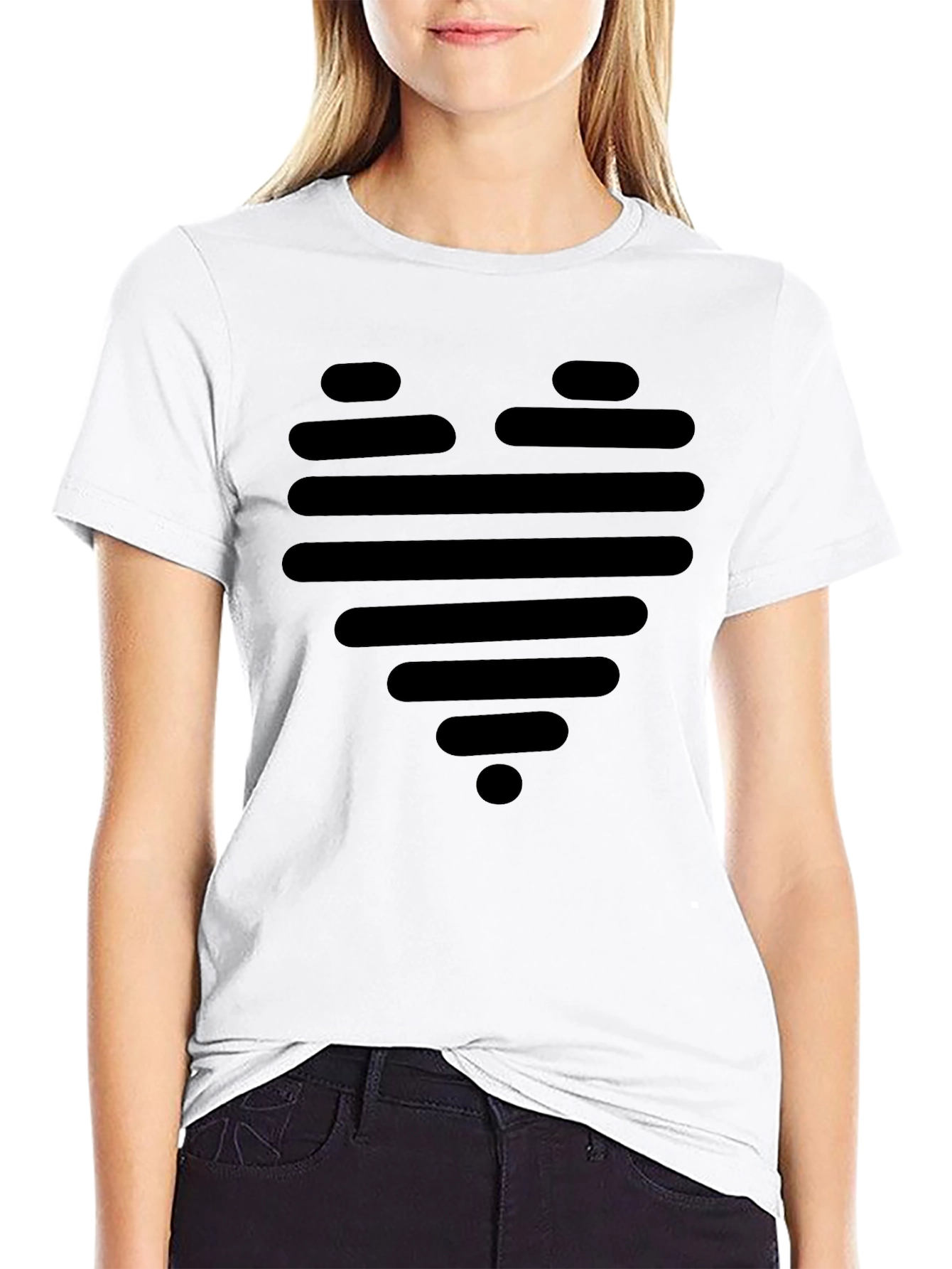 Modern Striped Heart Graphic Black T-Shirt