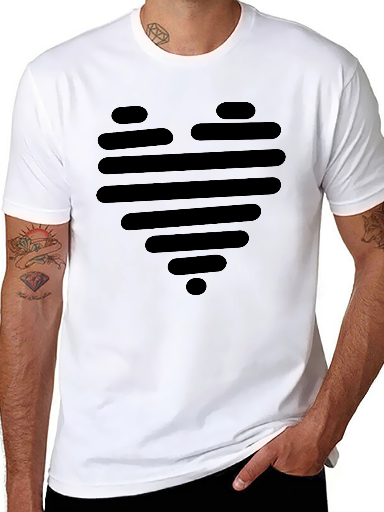 Modern Striped Heart Graphic Black T-Shirt