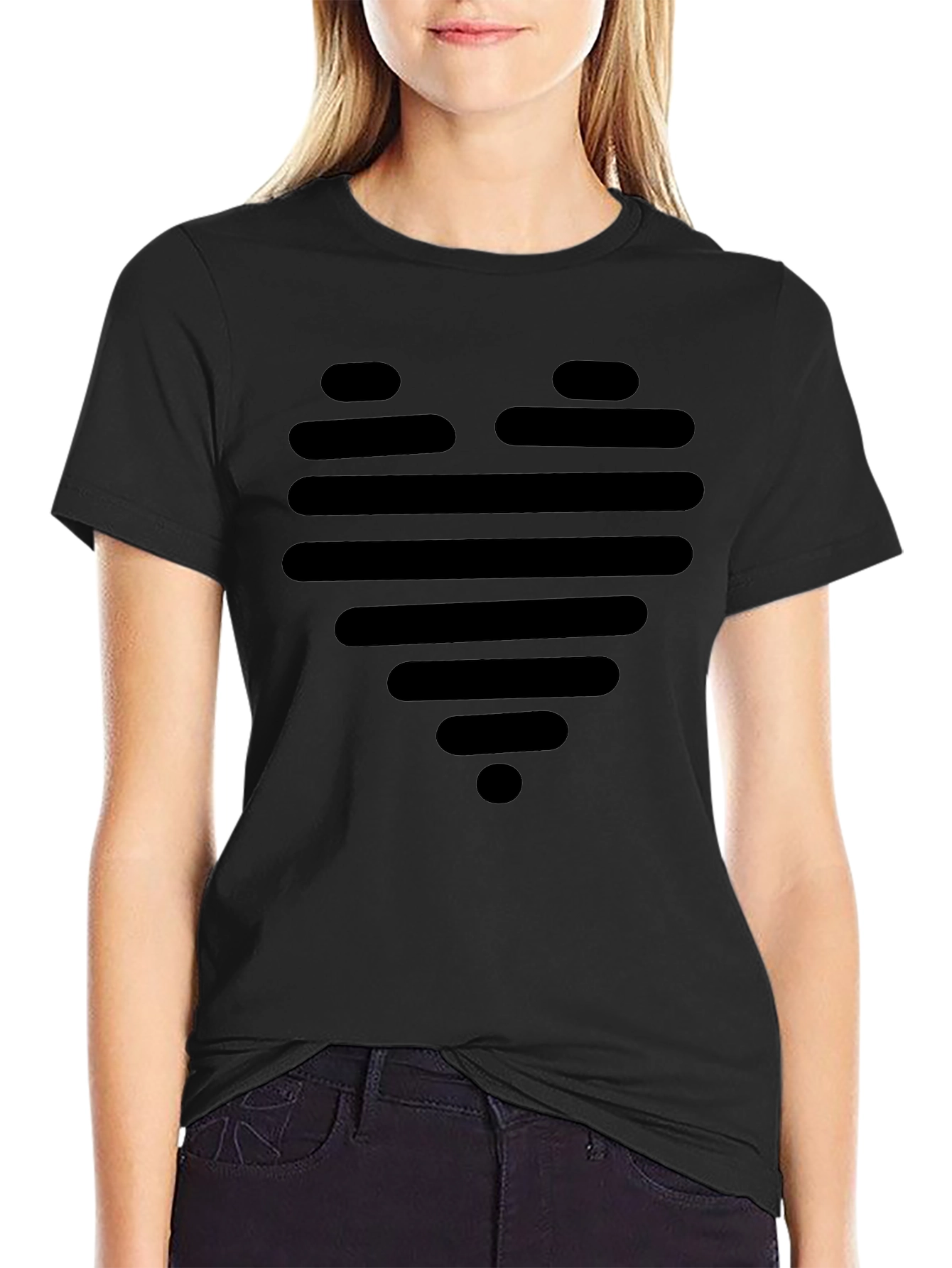 Modern Striped Heart Graphic Black T-Shirt