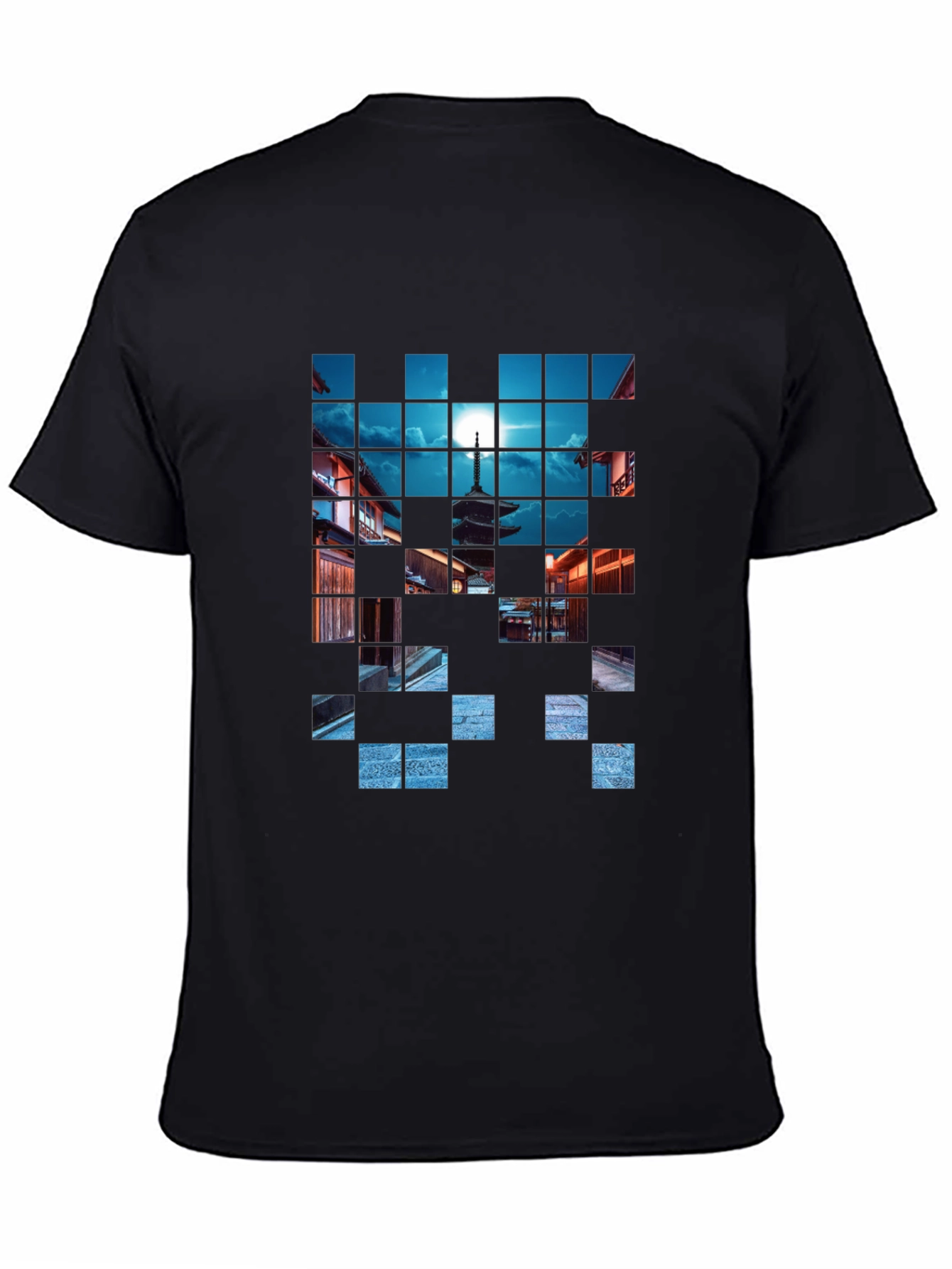 Pixelated Temple Nightscape Black T-Shirt