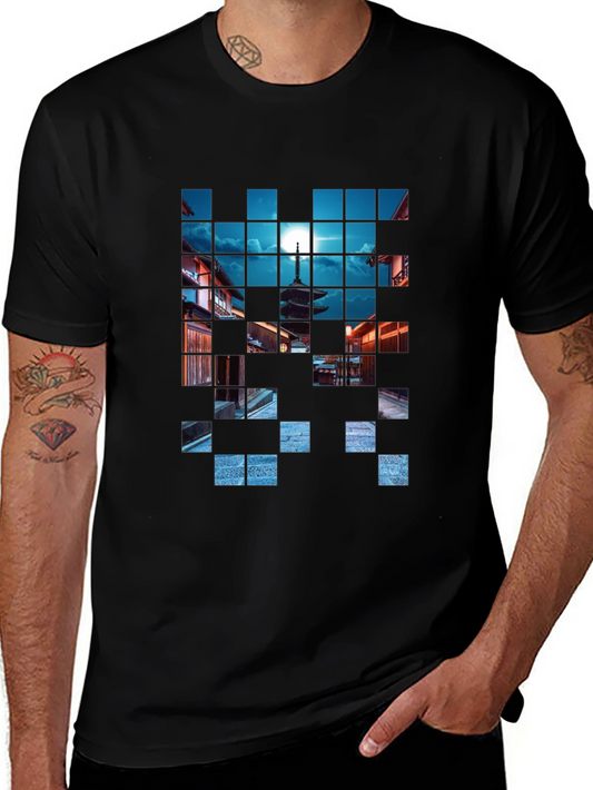 Pixelated Temple Nightscape Black T-Shirt