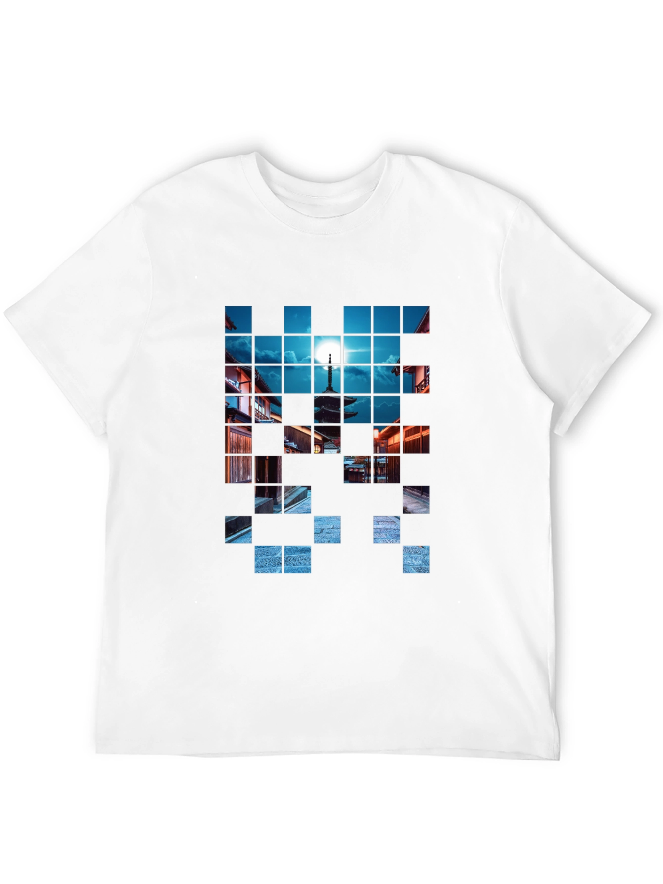 Pixelated Temple Nightscape Black T-Shirt