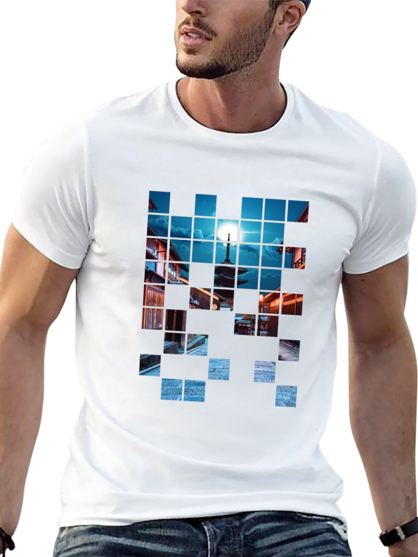 Pixelated Temple Nightscape Black T-Shirt