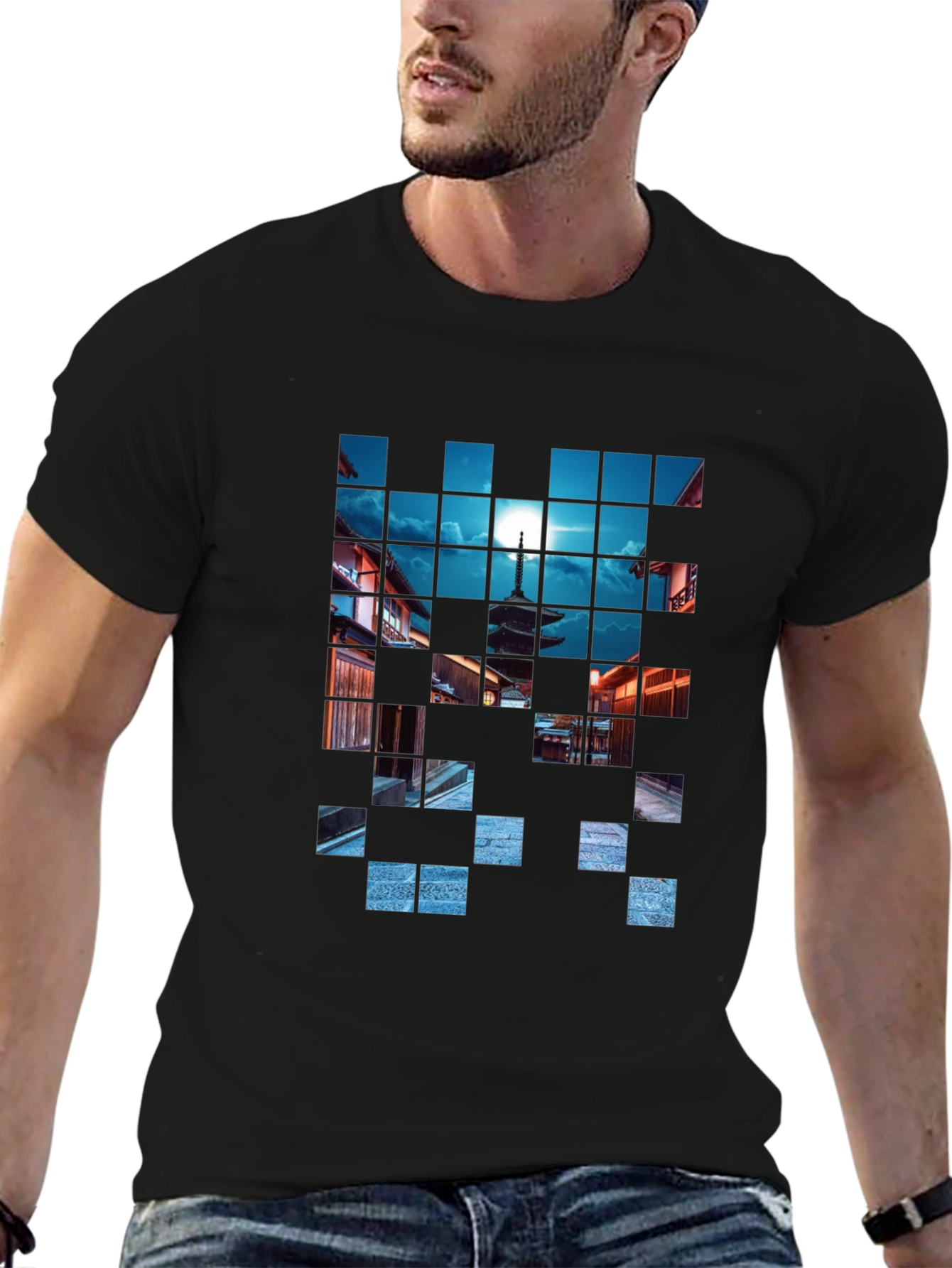 Pixelated Temple Nightscape Black T-Shirt