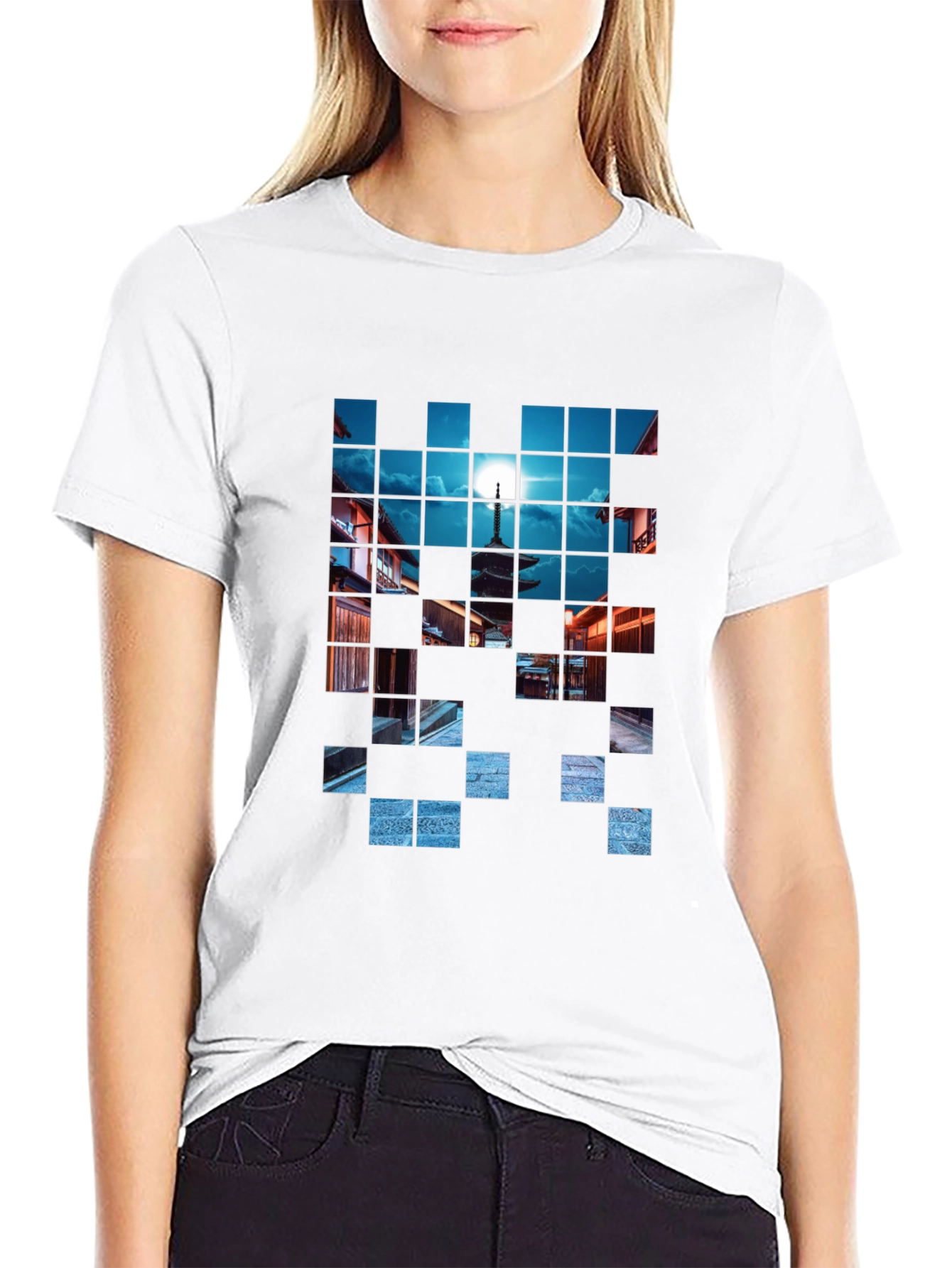 Pixelated Temple Nightscape Black T-Shirt