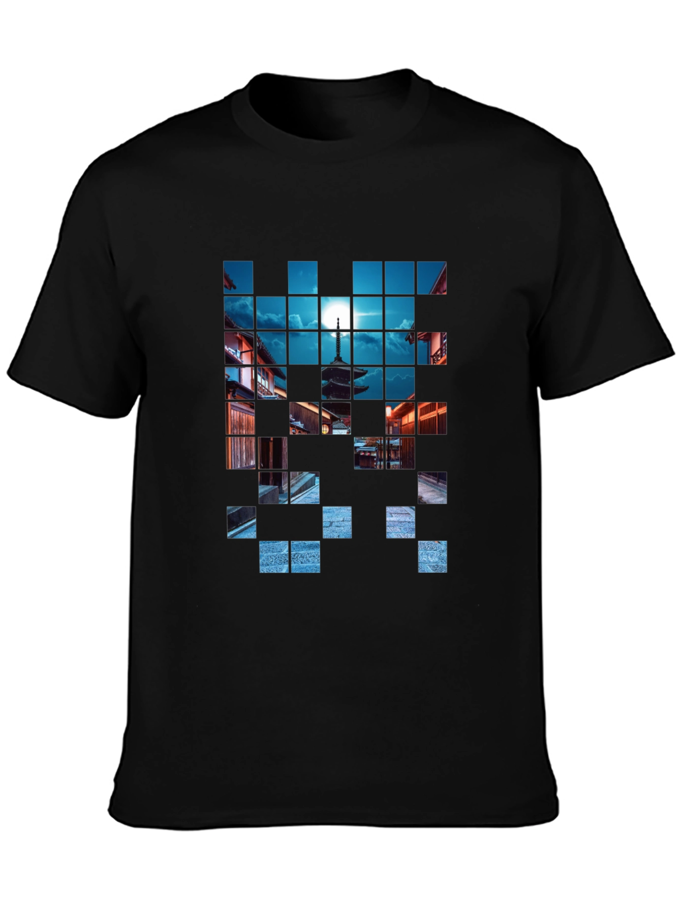 Pixelated Temple Nightscape Black T-Shirt
