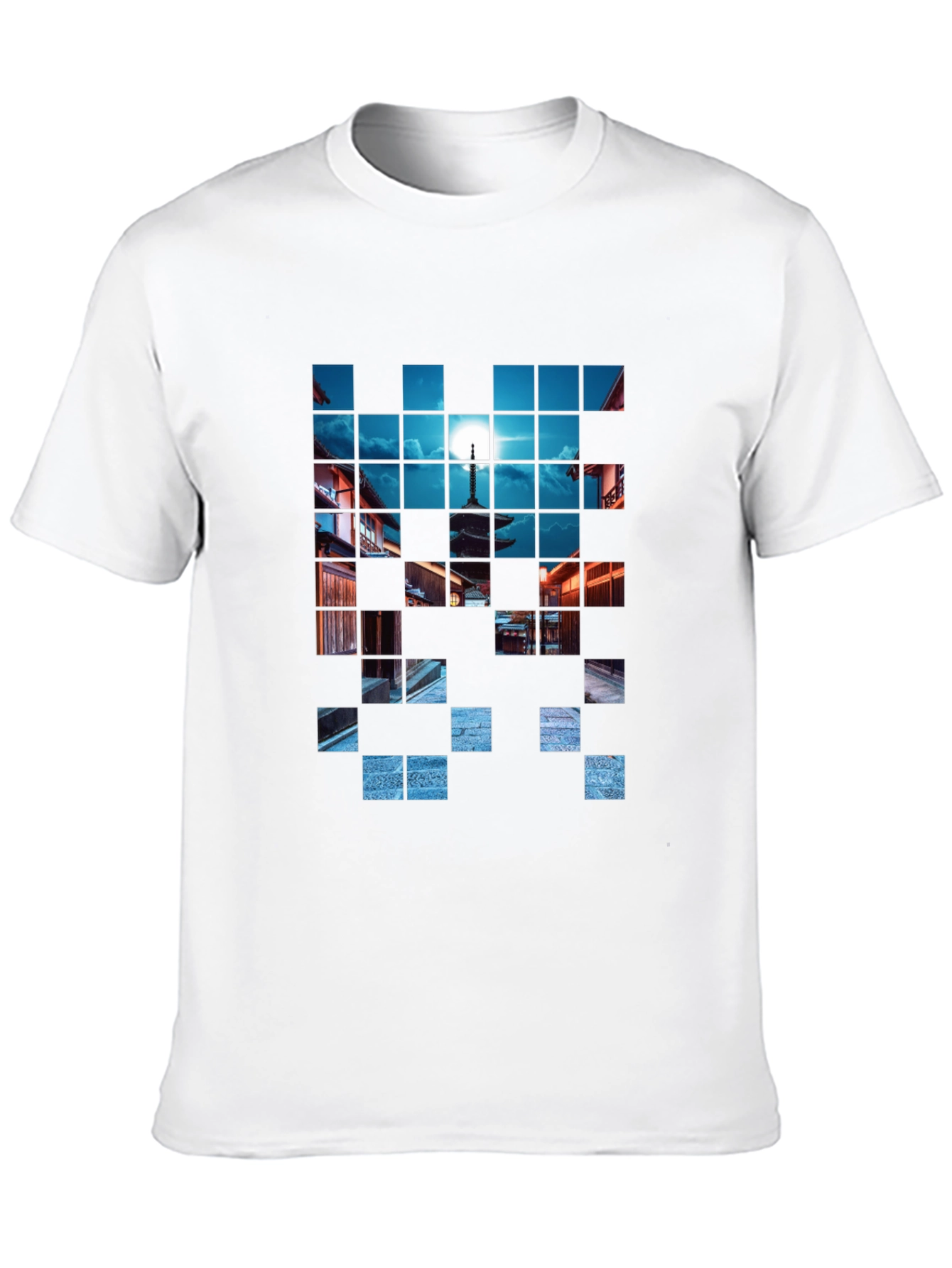 Pixelated Temple Nightscape Black T-Shirt