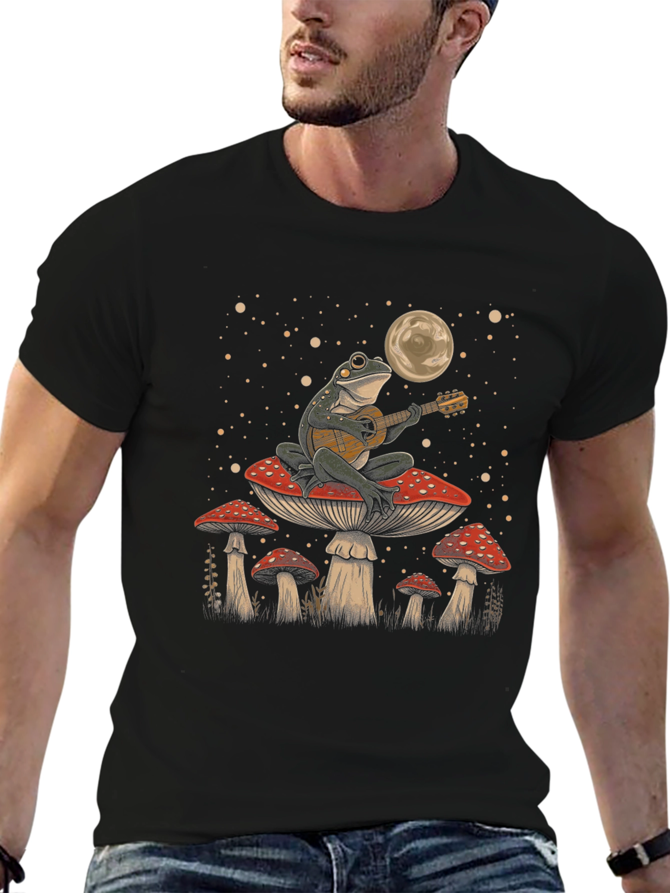 Frog Playing Guitar on Mushroom T-Shirt