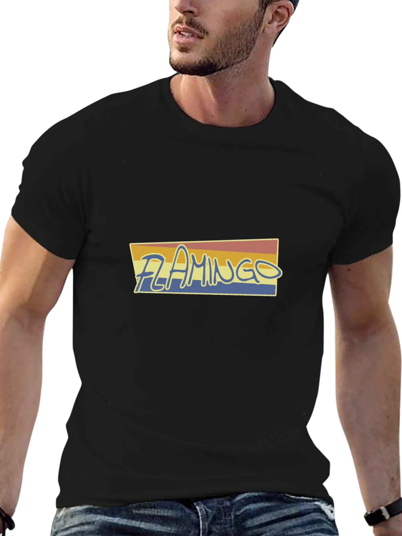 Retro Flamingo Graphic Tee - Soft Black Cotton Shirt