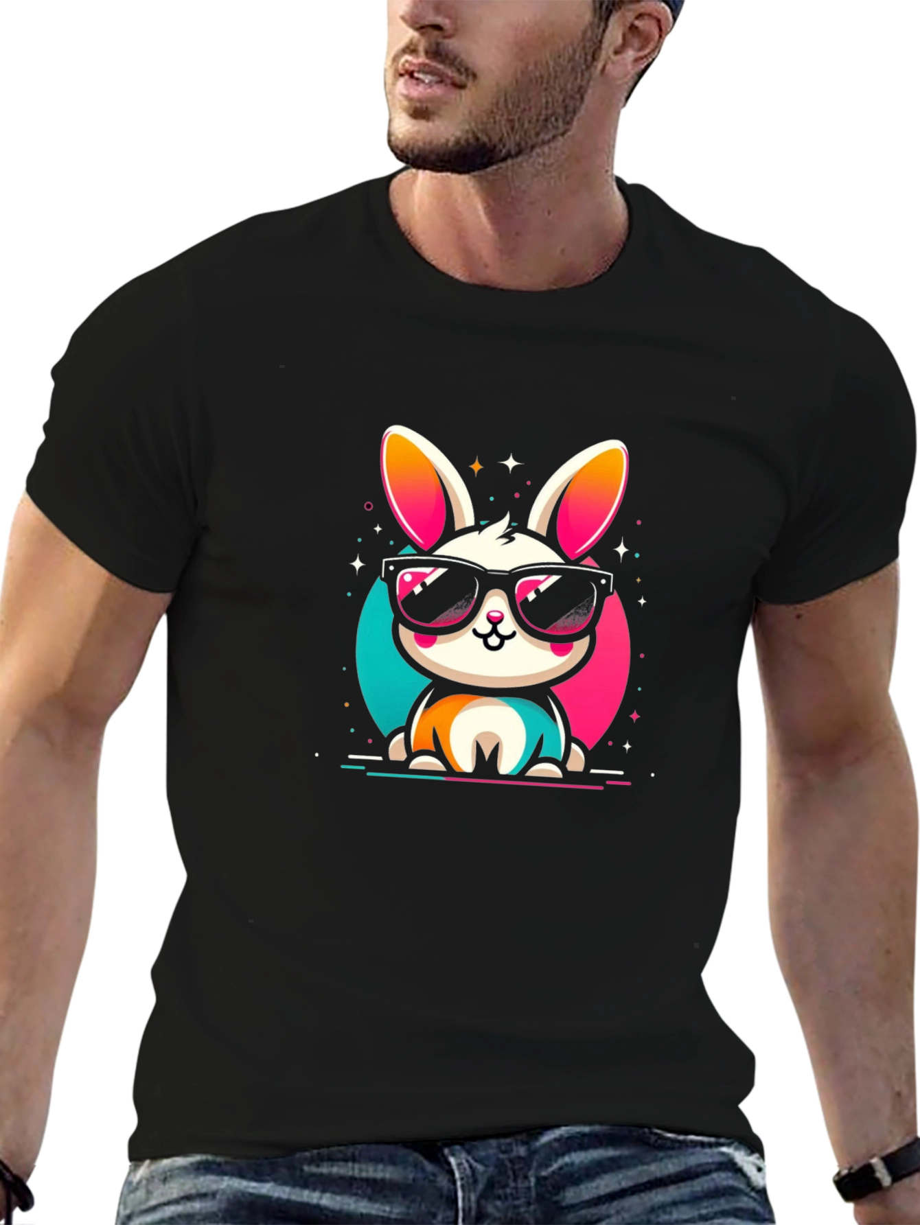 Cool Bunny Graphic Tee - Black Cotton Casual Shirt