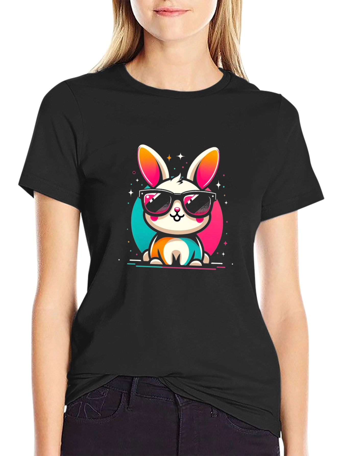 Cool Bunny Graphic Tee - Black Cotton Casual Shirt