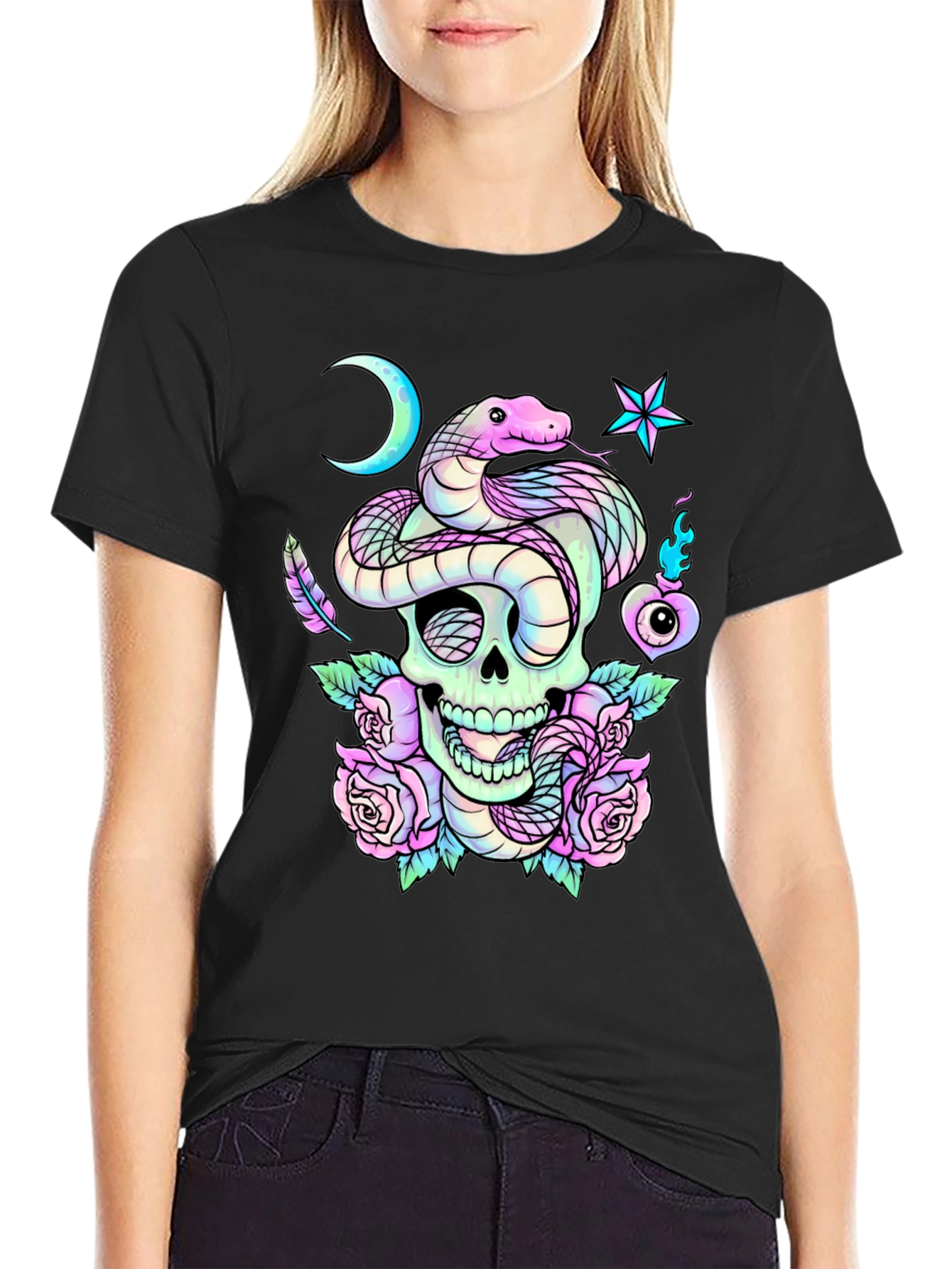 Skull Snake Roses Graphic T-Shirt