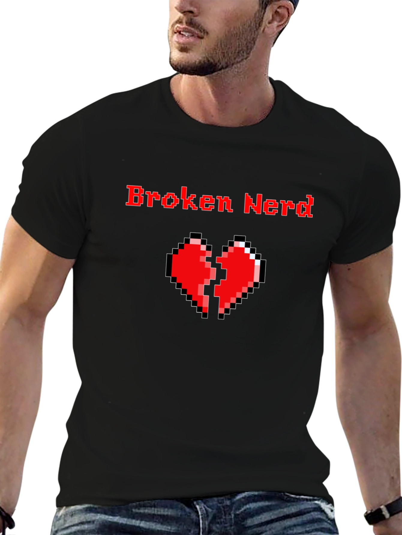 Broken Nerd Pixel Heart Black T-Shirt
