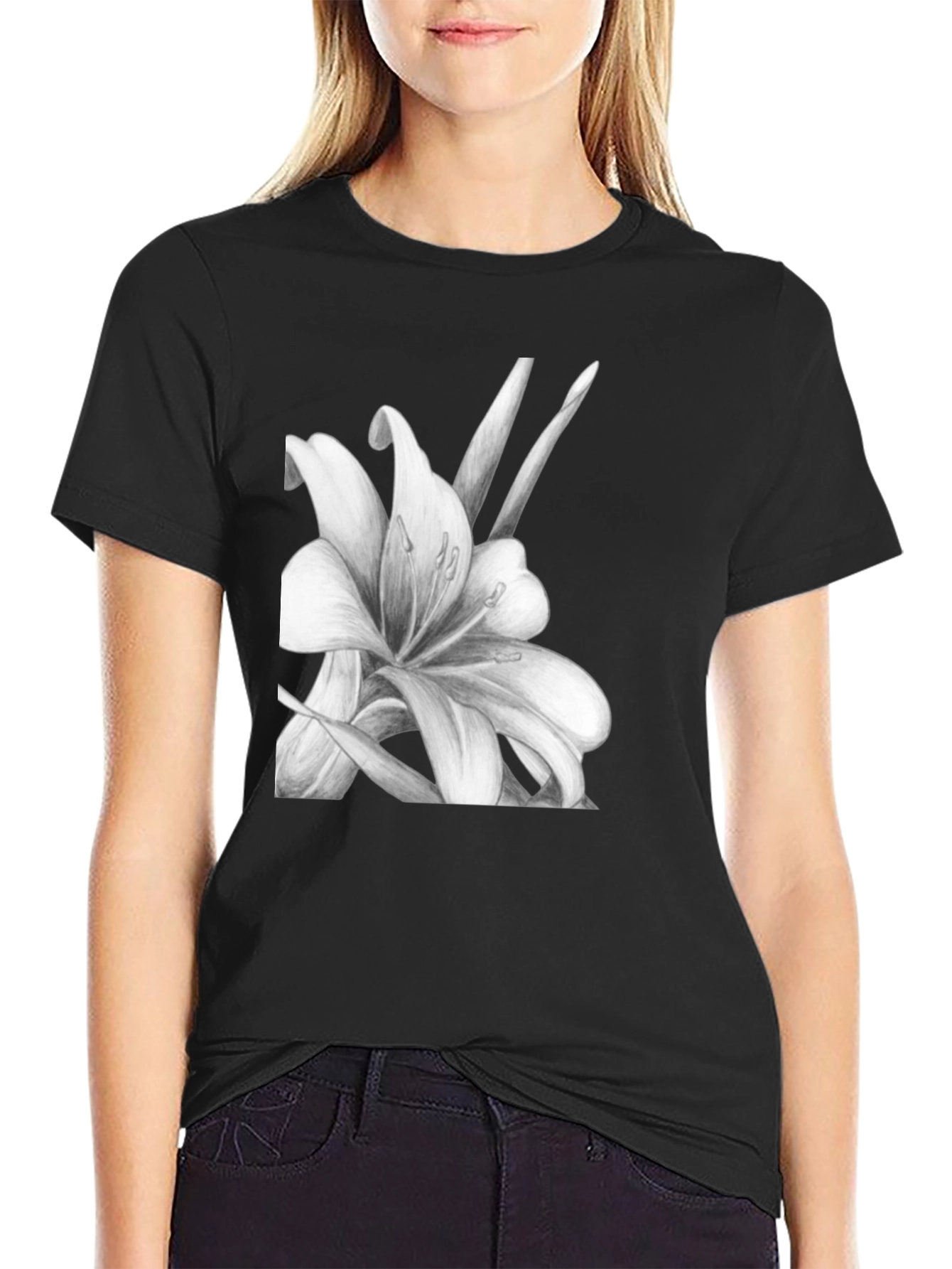 Elegant Lily Graphic Black T-Shirt
