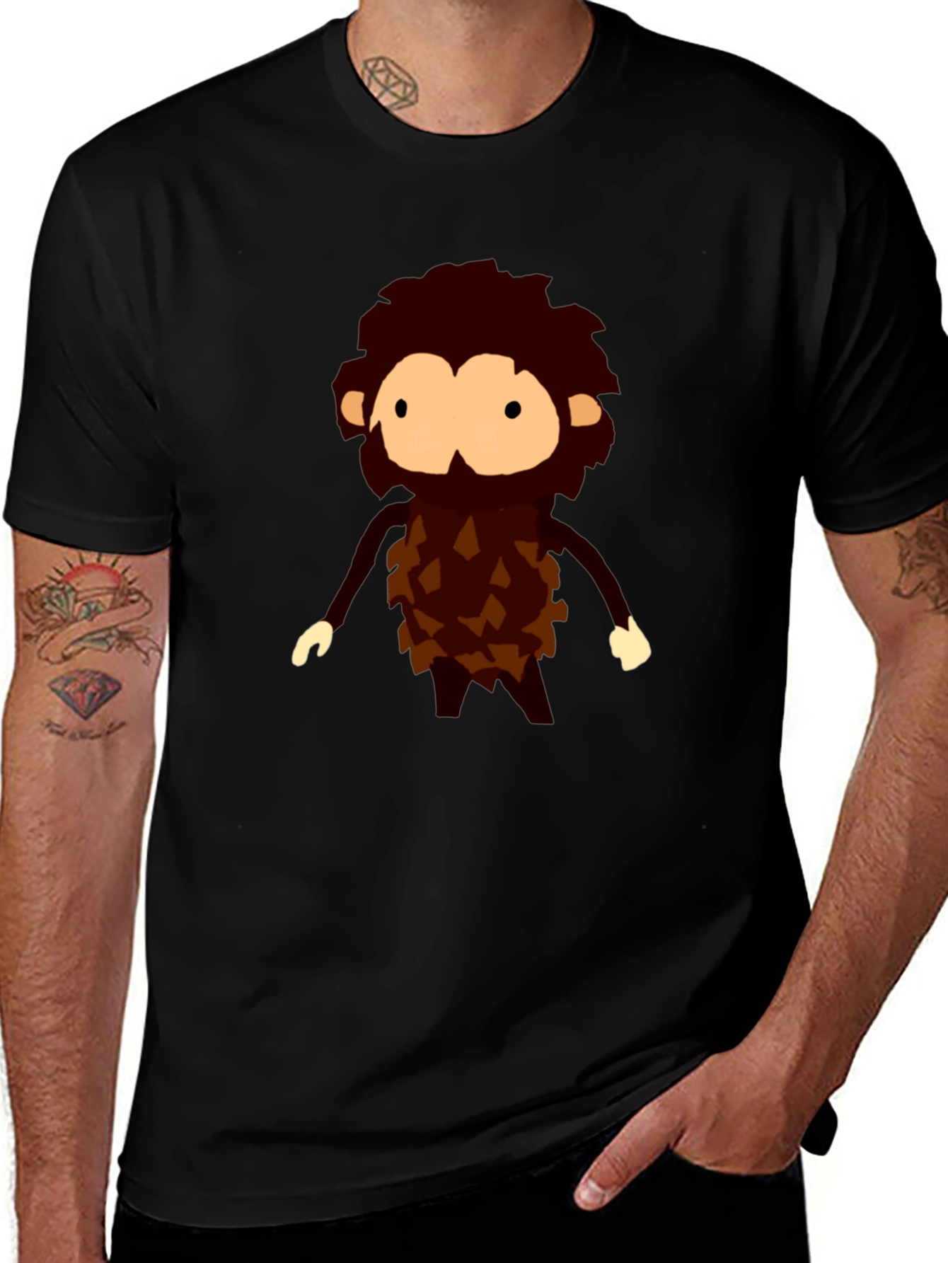 Cartoon Caveman Graphic Tee - Black Casual T-Shirt