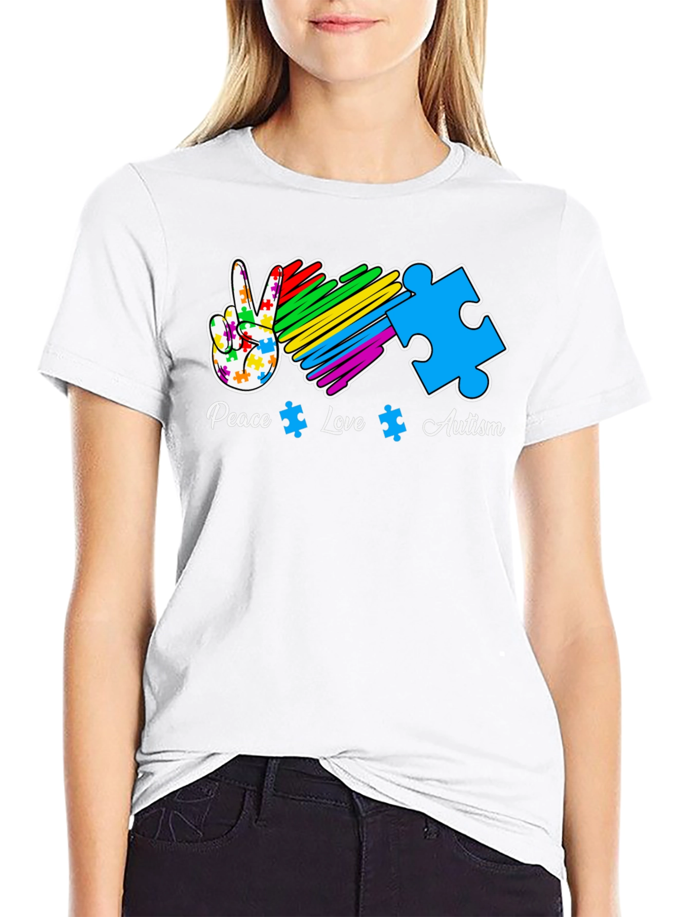 Autism Awareness Peace Love Puzzle Piece T-Shirt