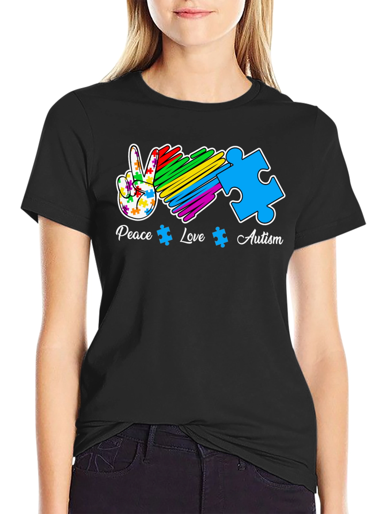 Autism Awareness Peace Love Puzzle Piece T-Shirt