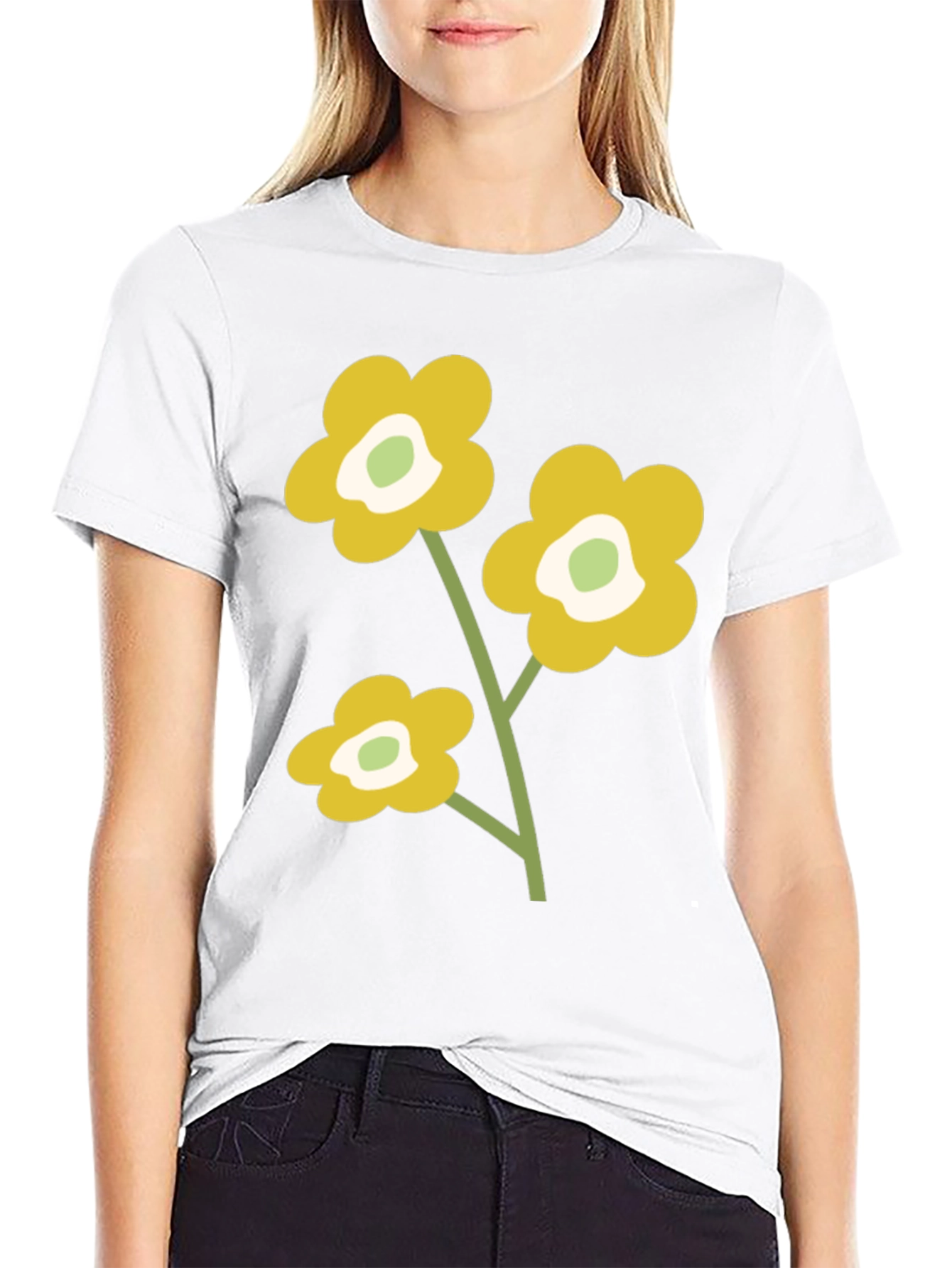 Black T-Shirt with Retro Floral Design