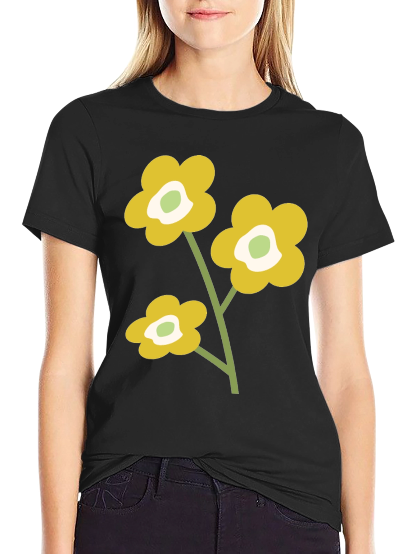 Black T-Shirt with Retro Floral Design
