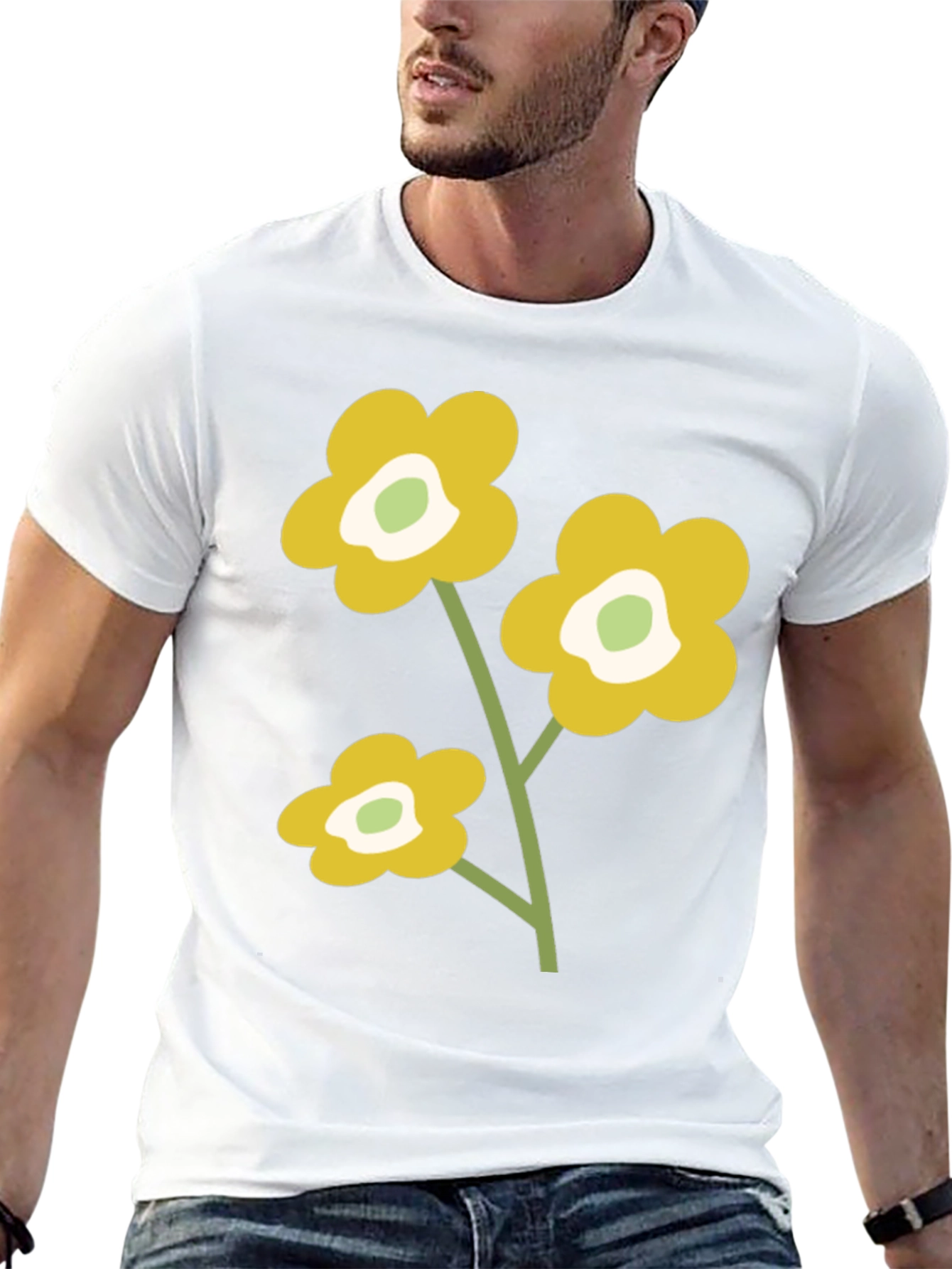 Black T-Shirt with Retro Floral Design