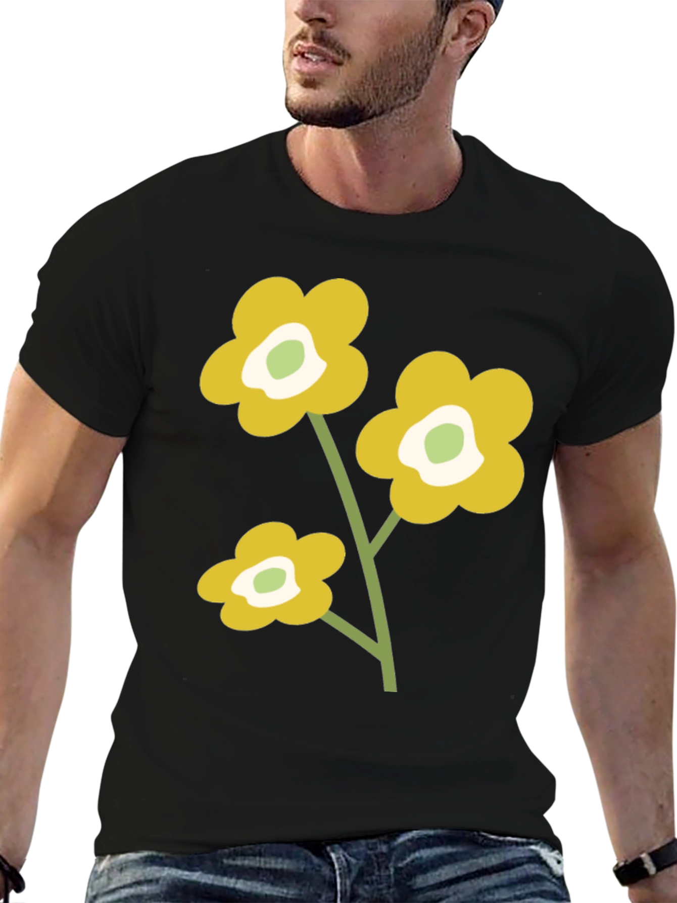 Black T-Shirt with Retro Floral Design
