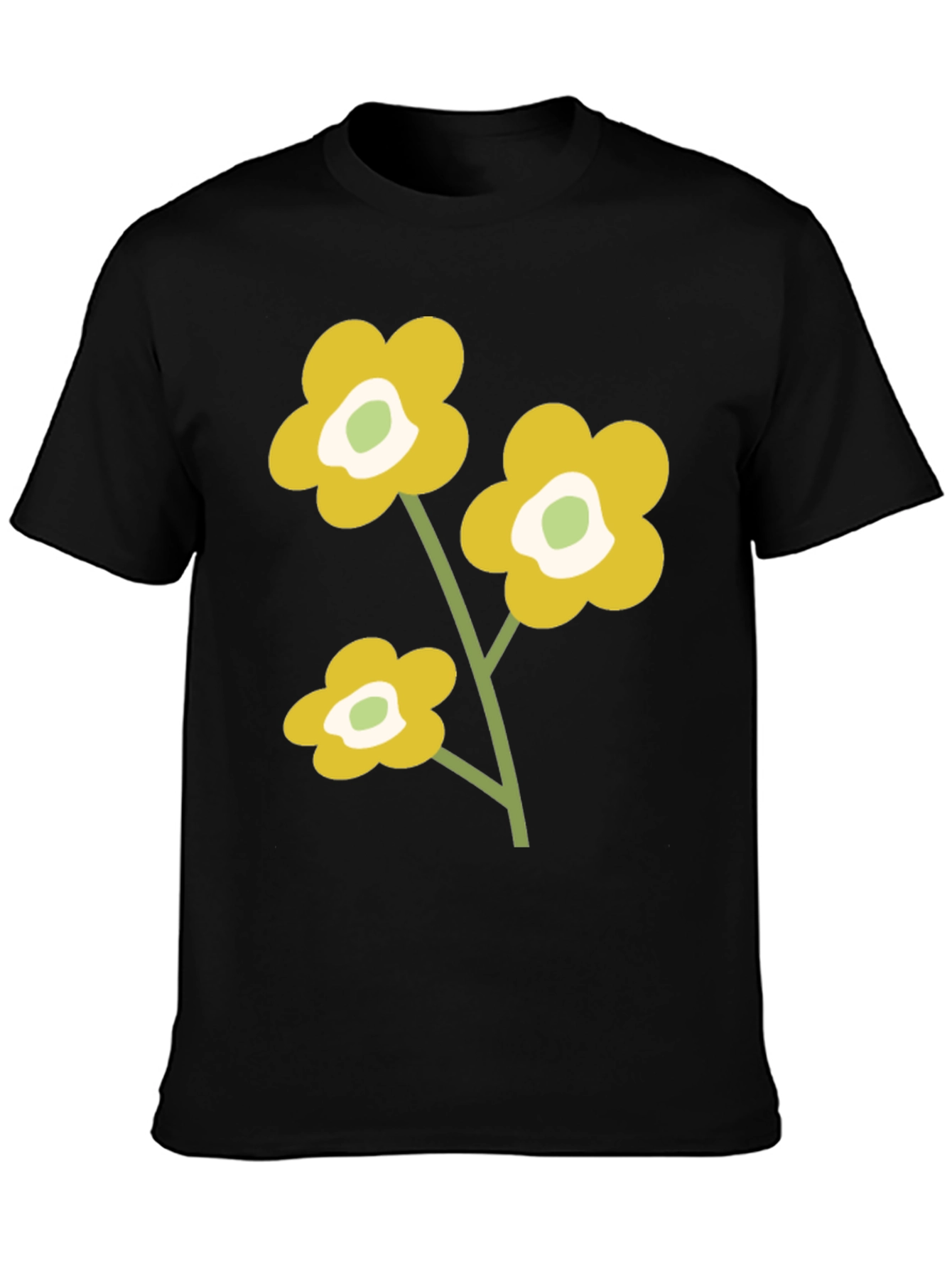 Black T-Shirt with Retro Floral Design