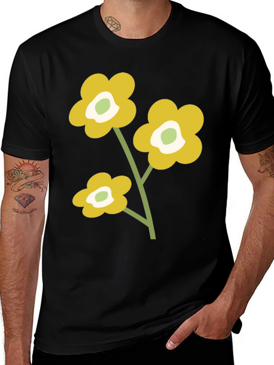 Black T-Shirt with Retro Floral Design