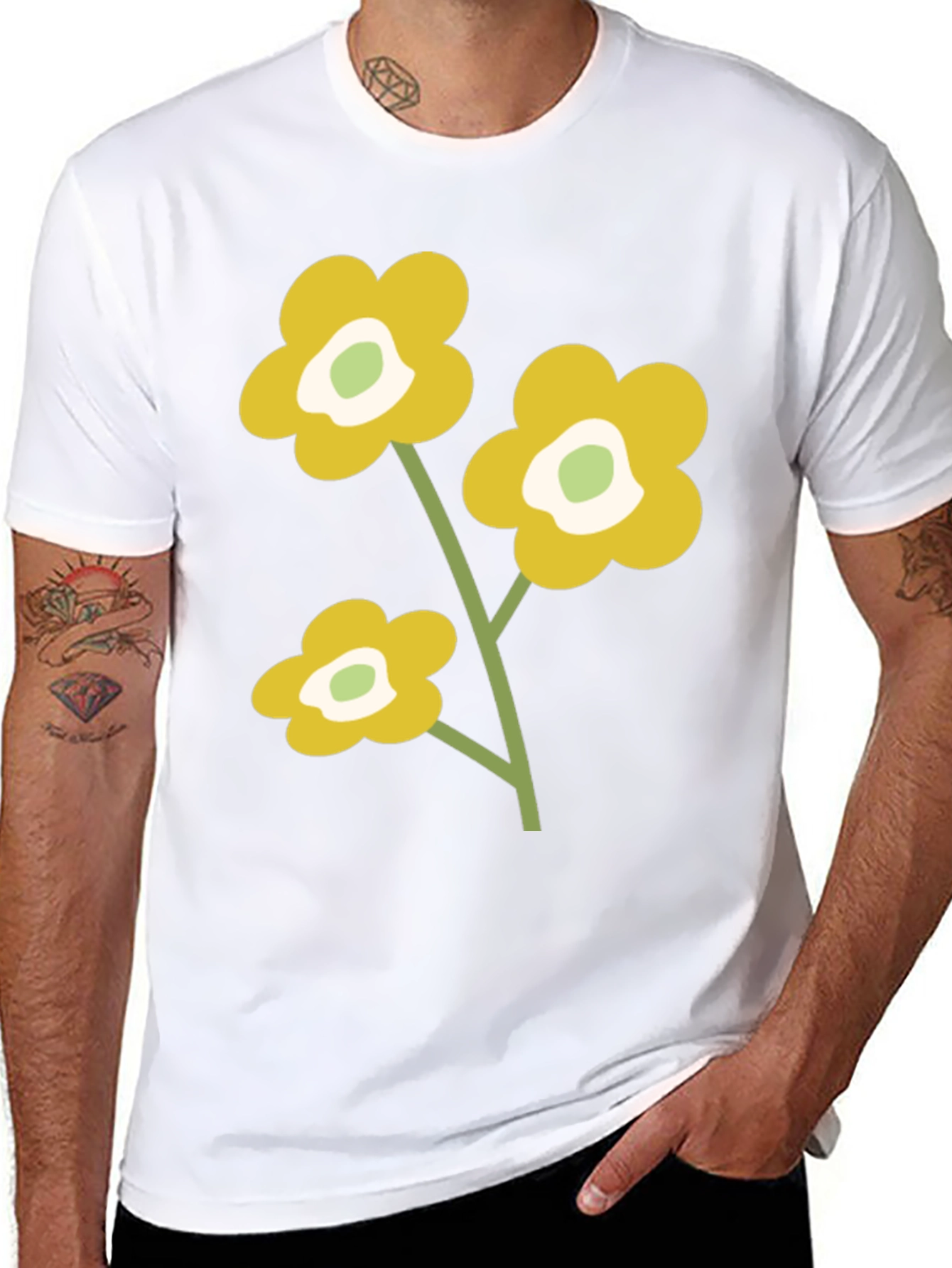 Black T-Shirt with Retro Floral Design