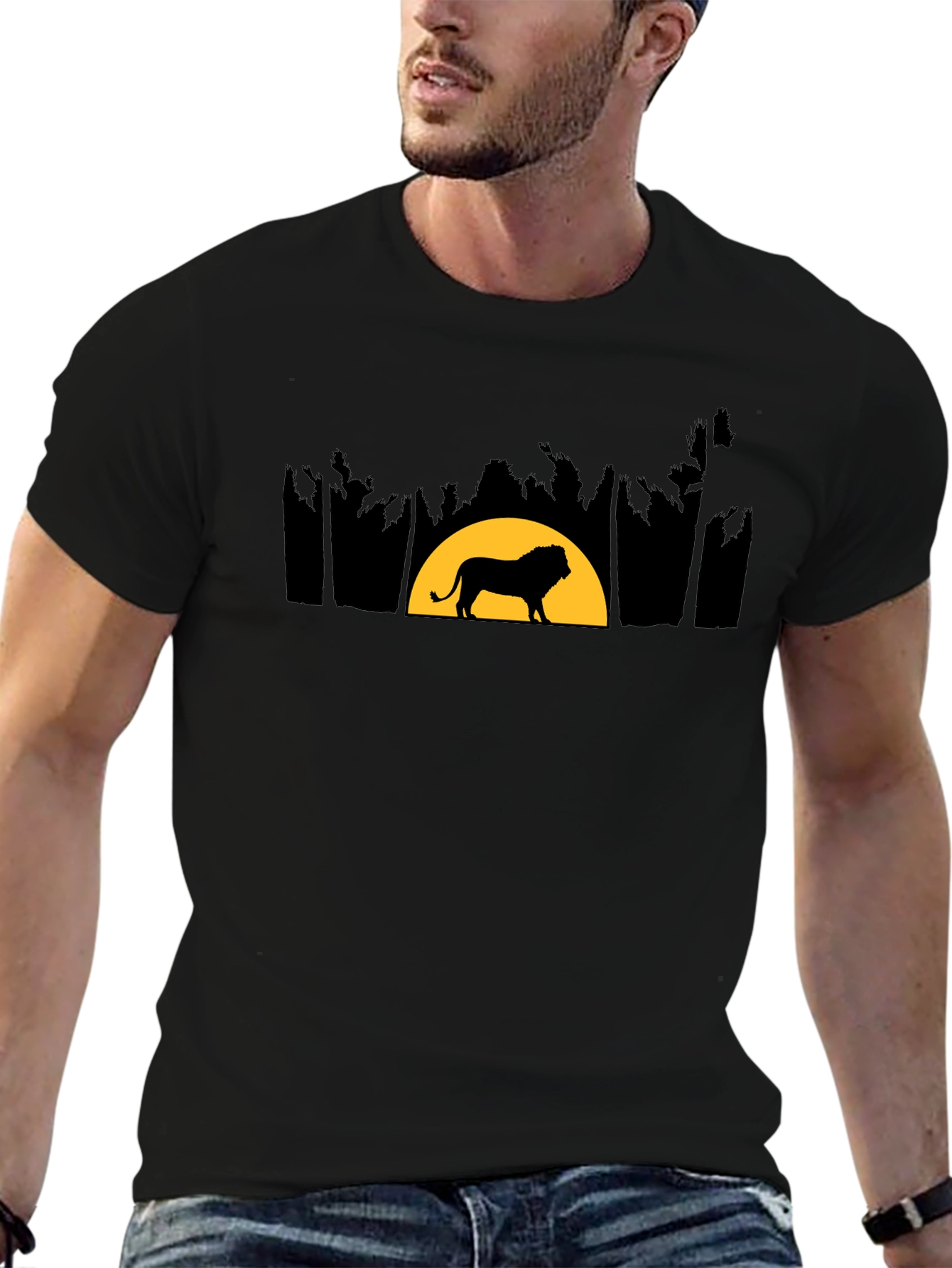Lion Sunset Graphic Tee - Black Cotton Shirt