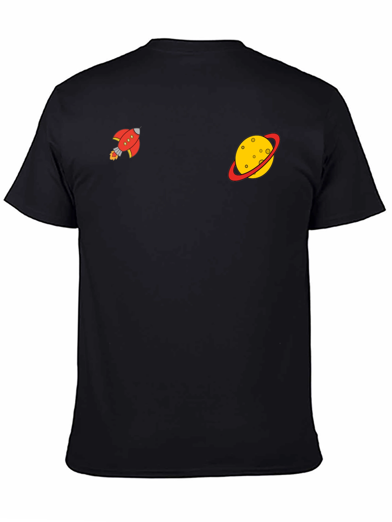 Space Explorer Black Tee: Rocket & Planet Graphic