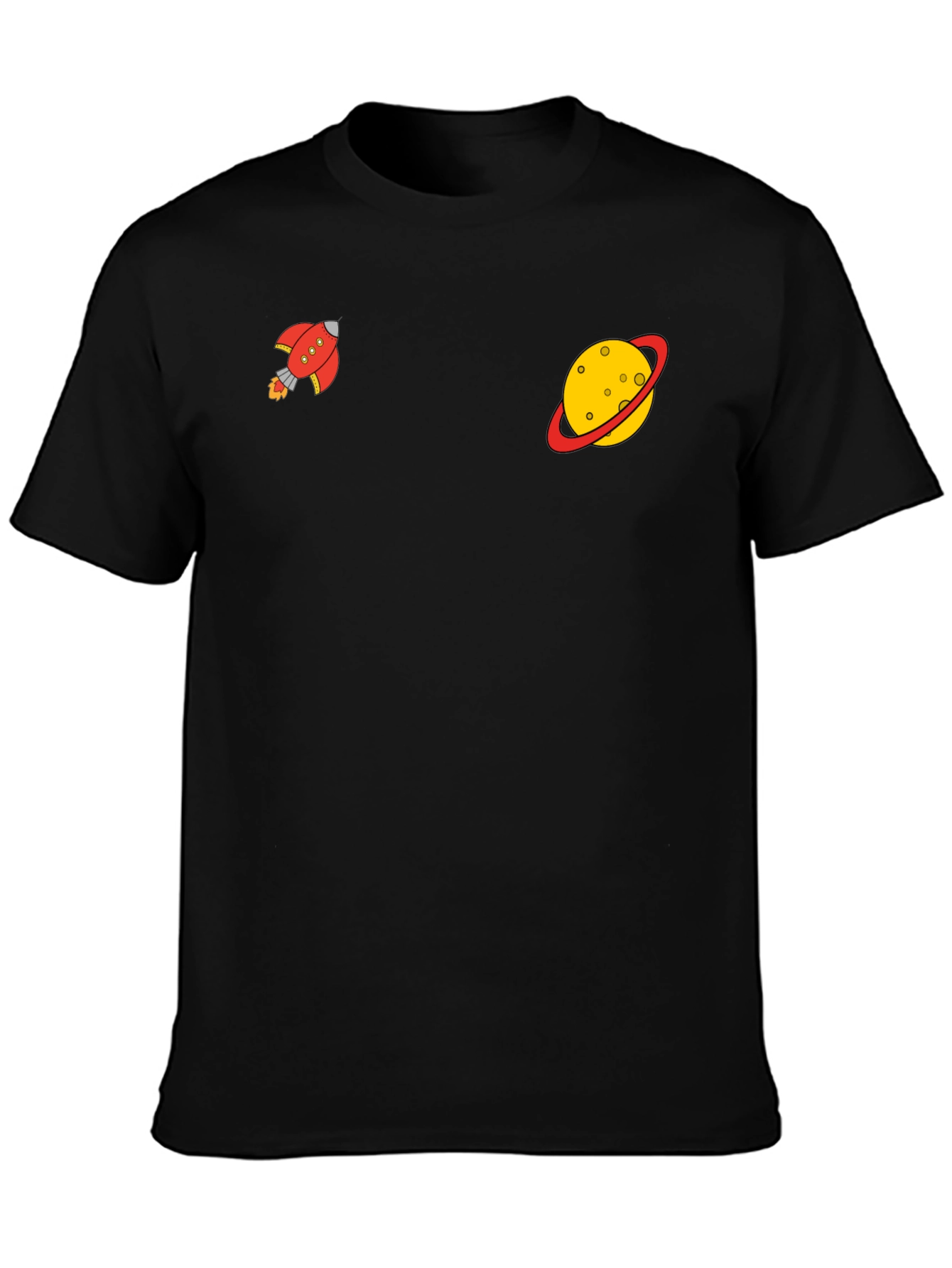 Space Explorer Black Tee: Rocket & Planet Graphic
