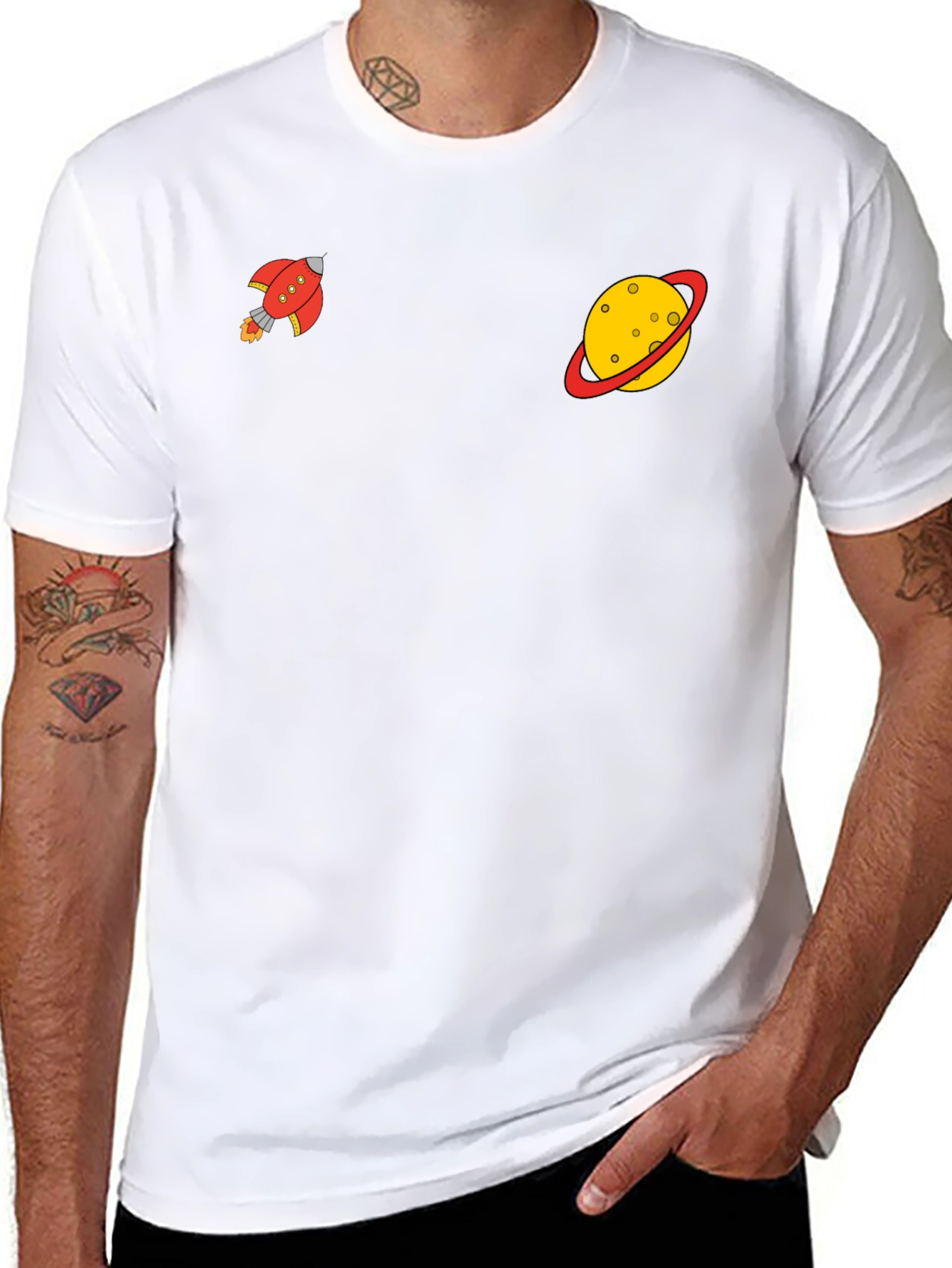 Space Explorer Black Tee: Rocket & Planet Graphic