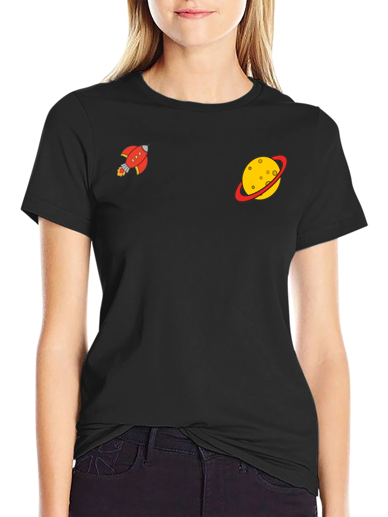 Space Explorer Black Tee: Rocket & Planet Graphic