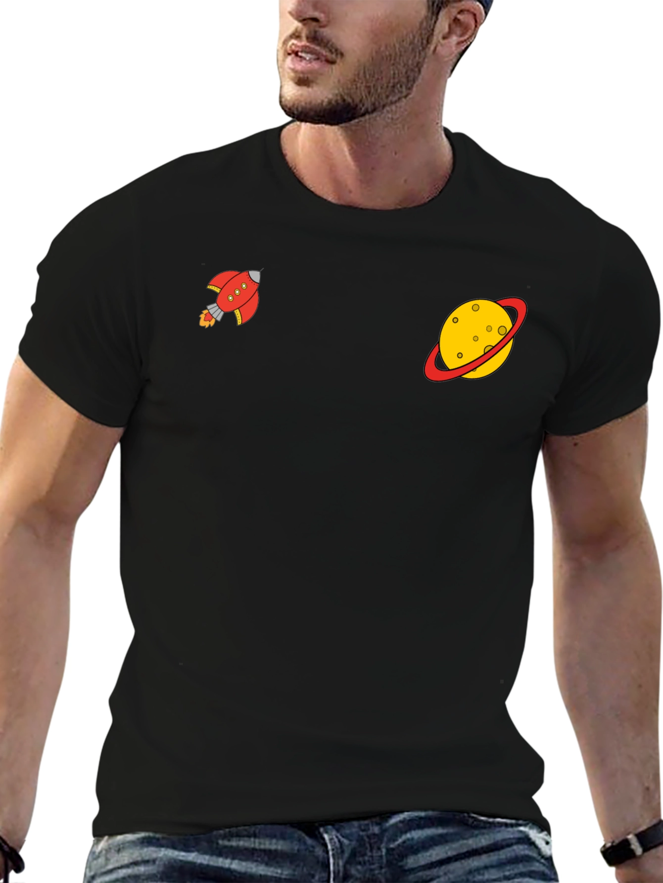 Space Explorer Black Tee: Rocket & Planet Graphic