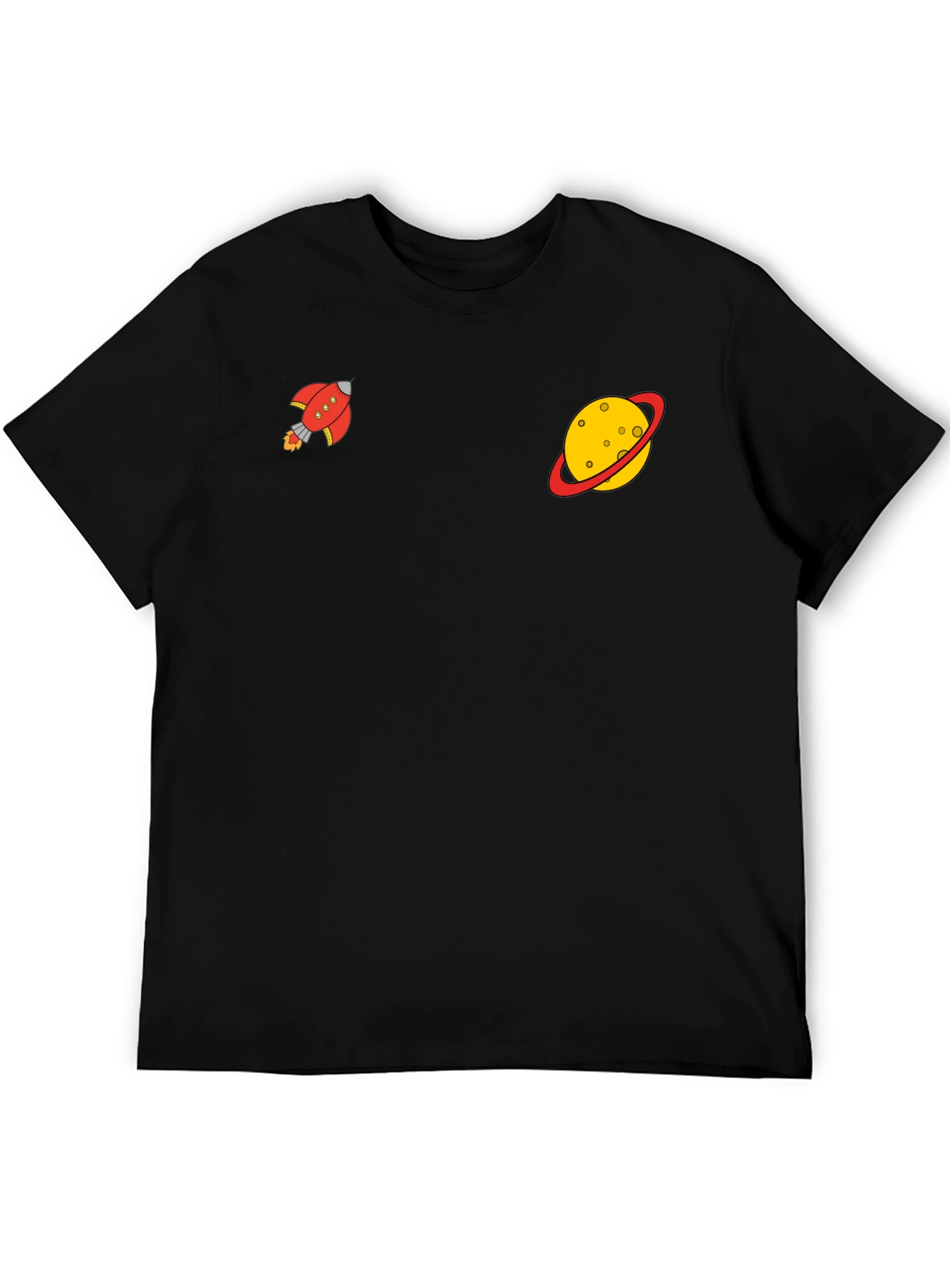 Space Explorer Black Tee: Rocket & Planet Graphic