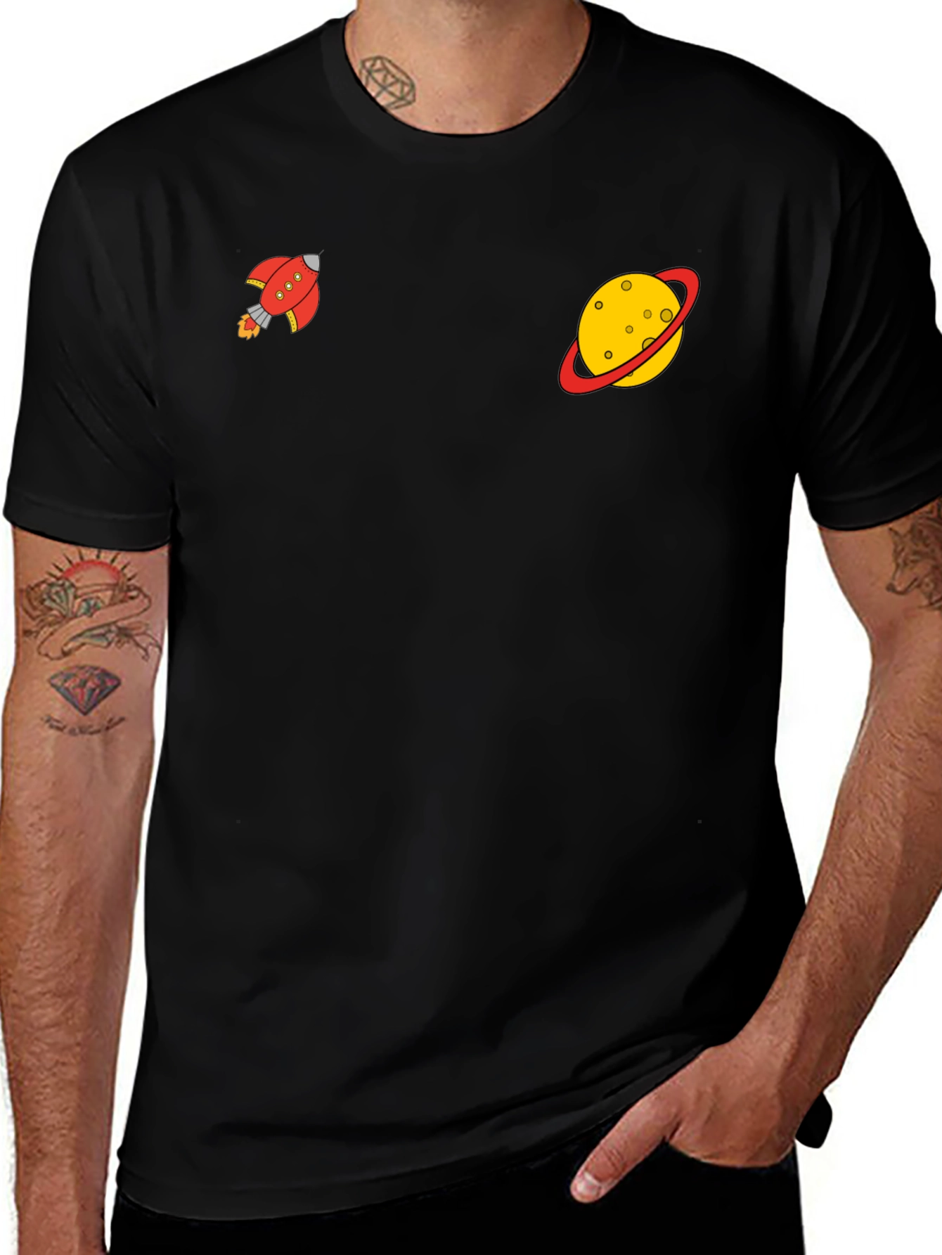 Space Explorer Black Tee: Rocket & Planet Graphic