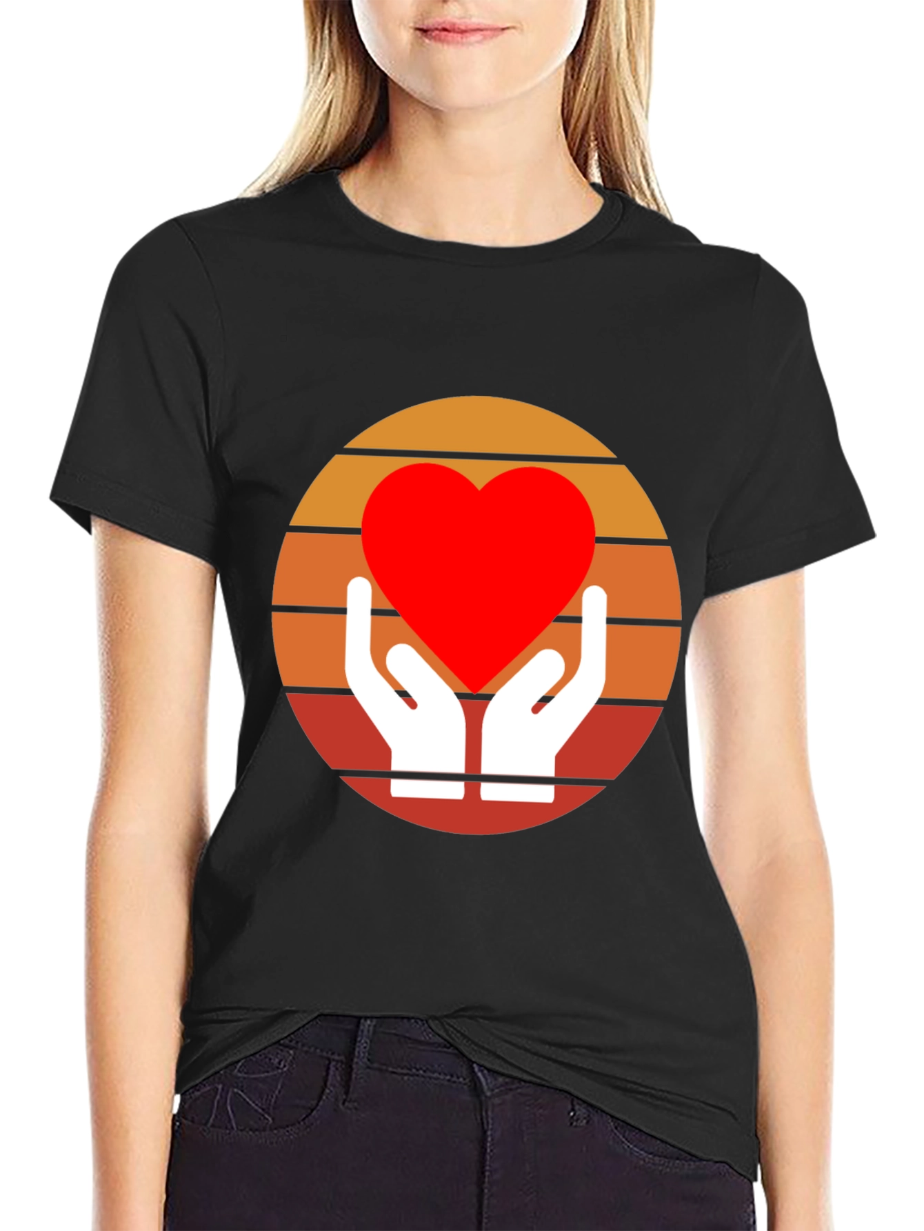 Retro Heart Hands Graphic Tee - Black