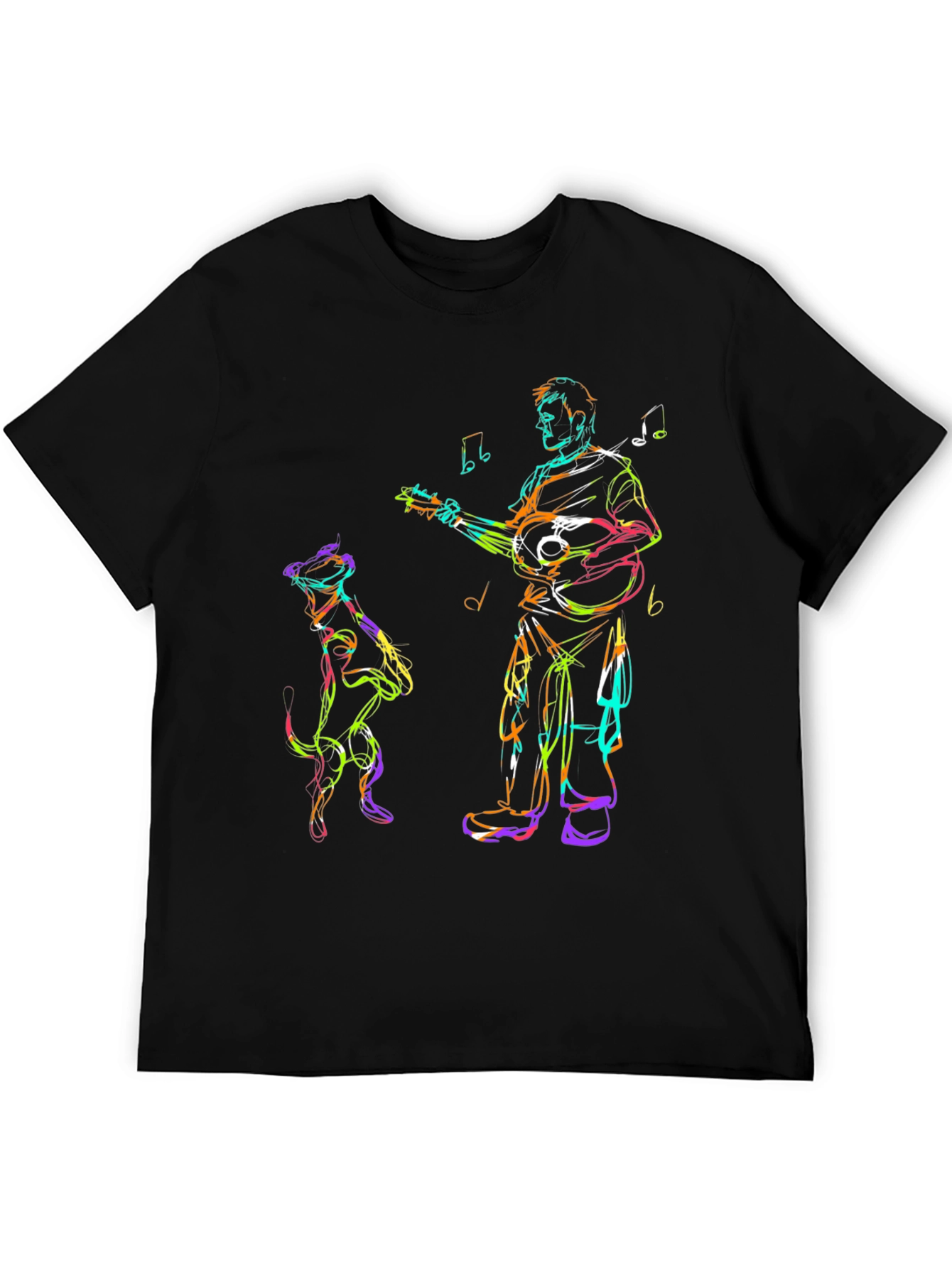 Musician Dog Sketch Black T-Shirt
