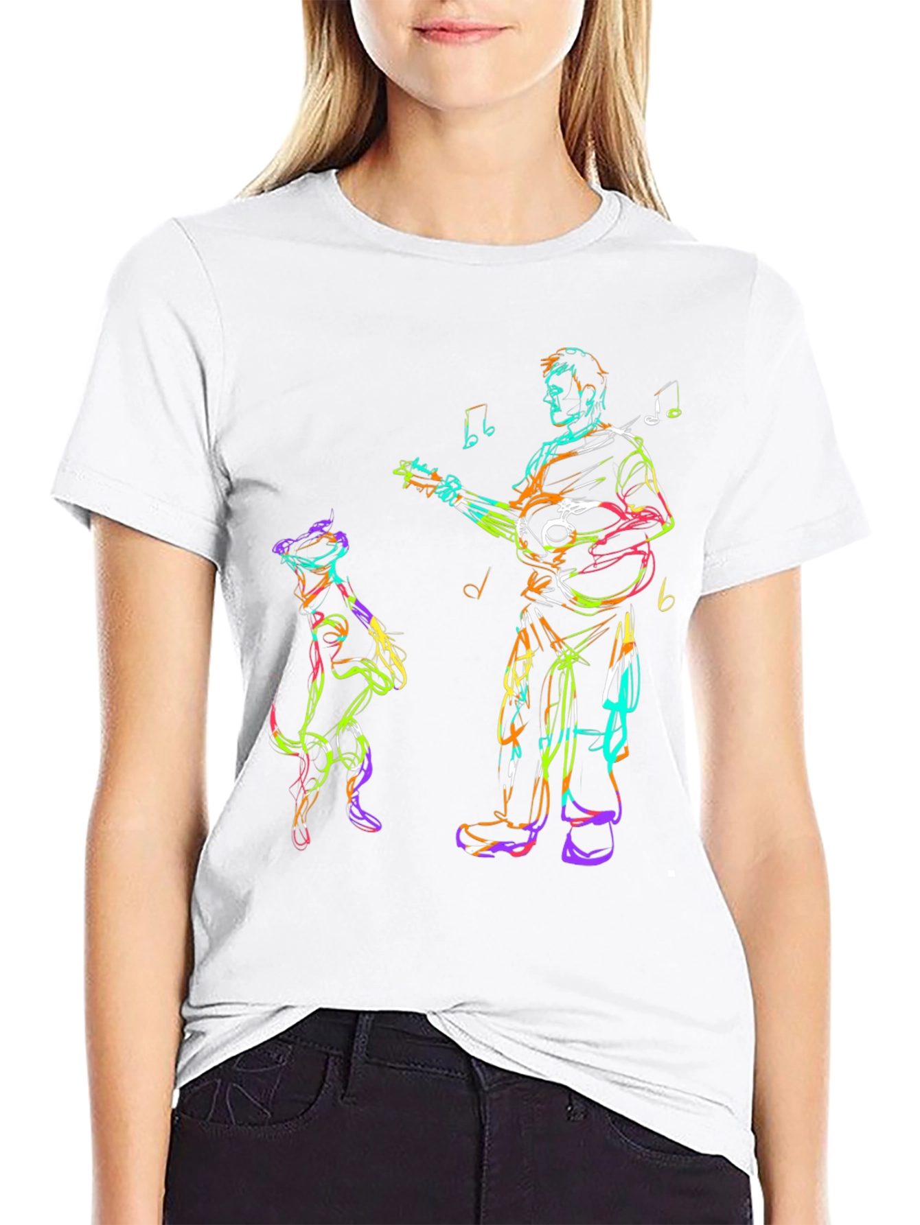 Musician Dog Sketch Black T-Shirt